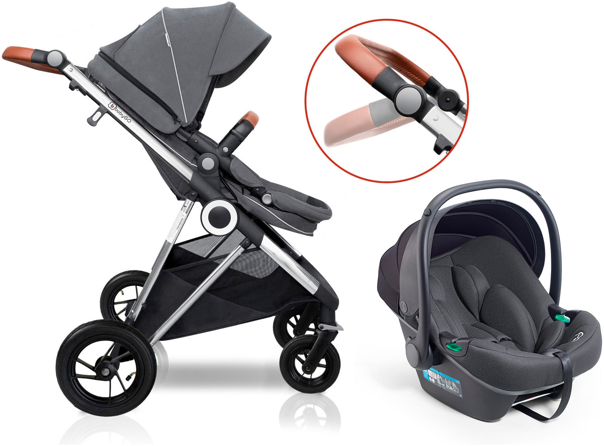 BabyGo Kombi-Kinderwagen »Halime AIR 3in1, Anthracite Black«, mit Luftreifen, inkl. Babywanne, Babyschale, Regenhaube & Wickeltasche