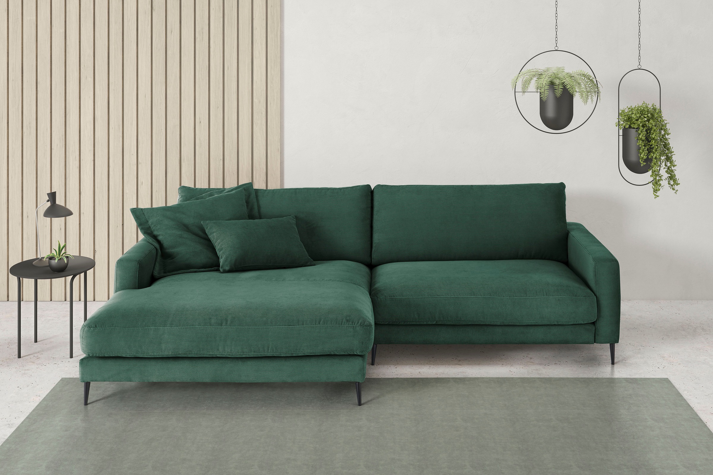INOSIGN Ecksofa »Downtown, B/T/H: 272/190/84 cm L-Form«, weicher Sitzkomfort auch in Cord und Bouclé, incl. Zierkissen