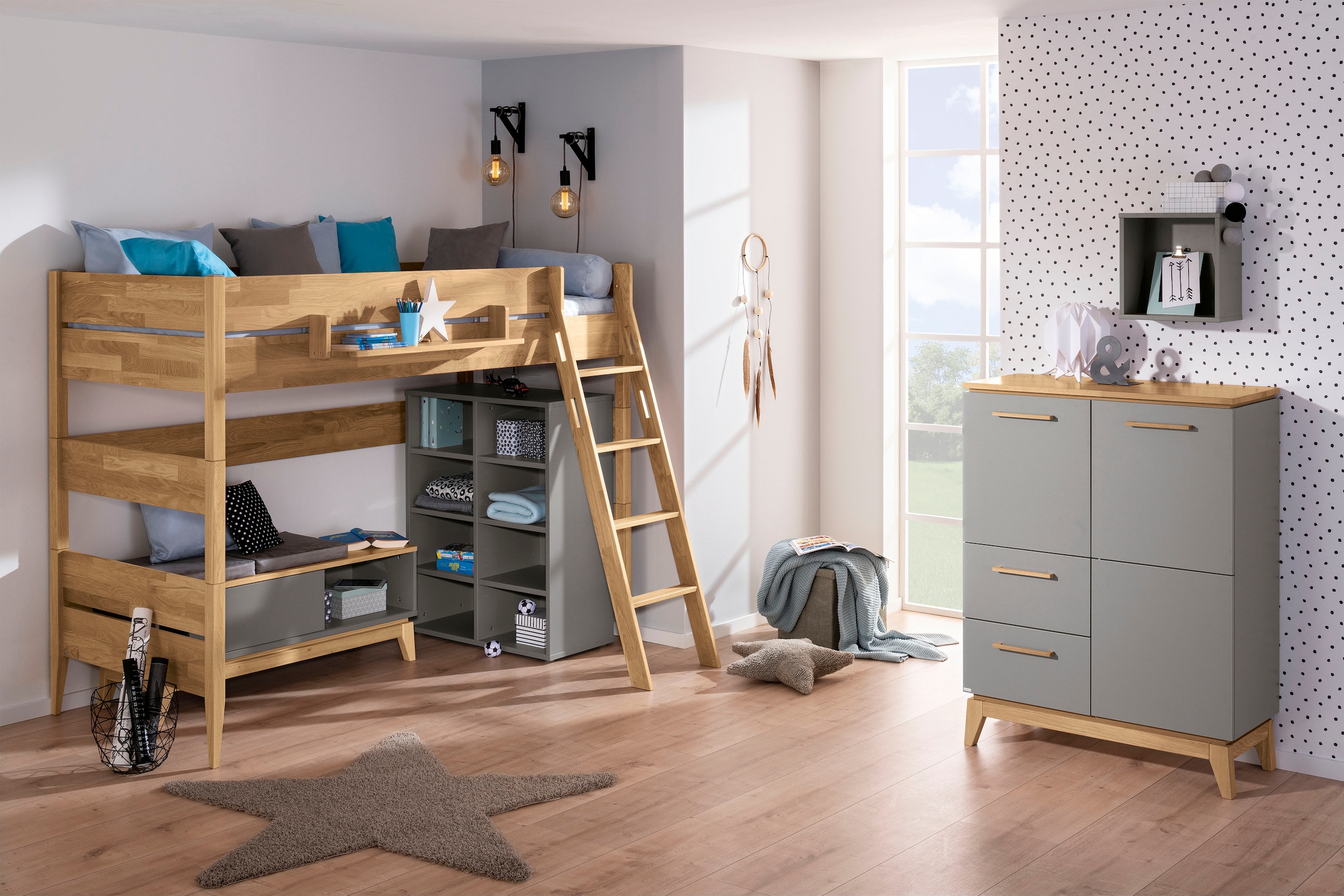 PAIDI Highboard »STIENE in Beige oder Grau, 2 Schubladen und 2 Türen mit Soft-Close« B/H/T ca. 95/123/40cm,  stabiles Regal mit Massivholz, Standregal, geprüfte Qualität