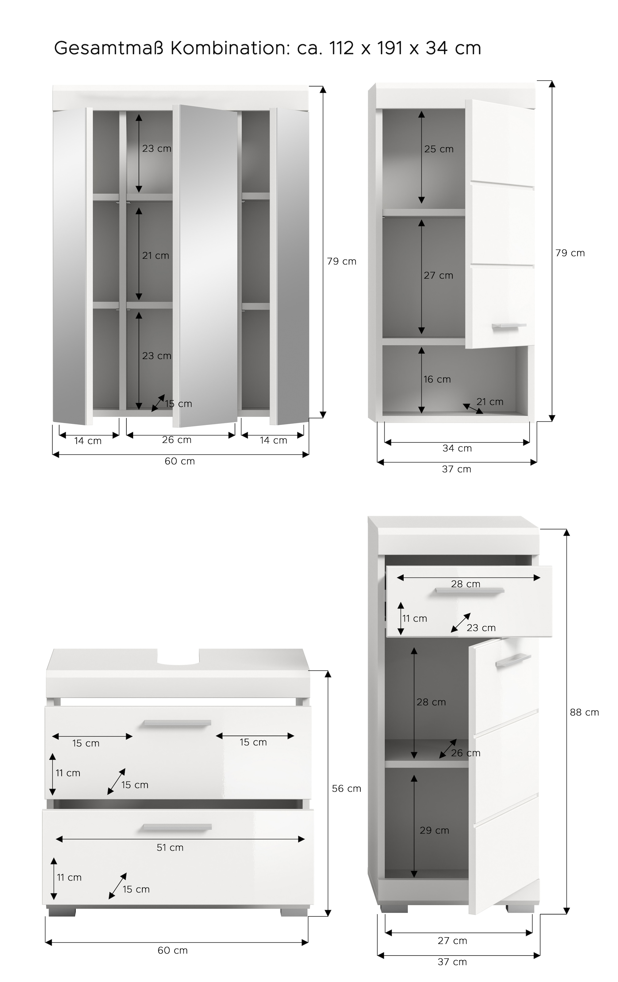 INOSIGN Badmöbel-Set »Siena, 4 teilig, bestehend aus:«, (Set), Waschbeckenunterschrank, Spiegelschrank, Unterschrank, Hängeschrank