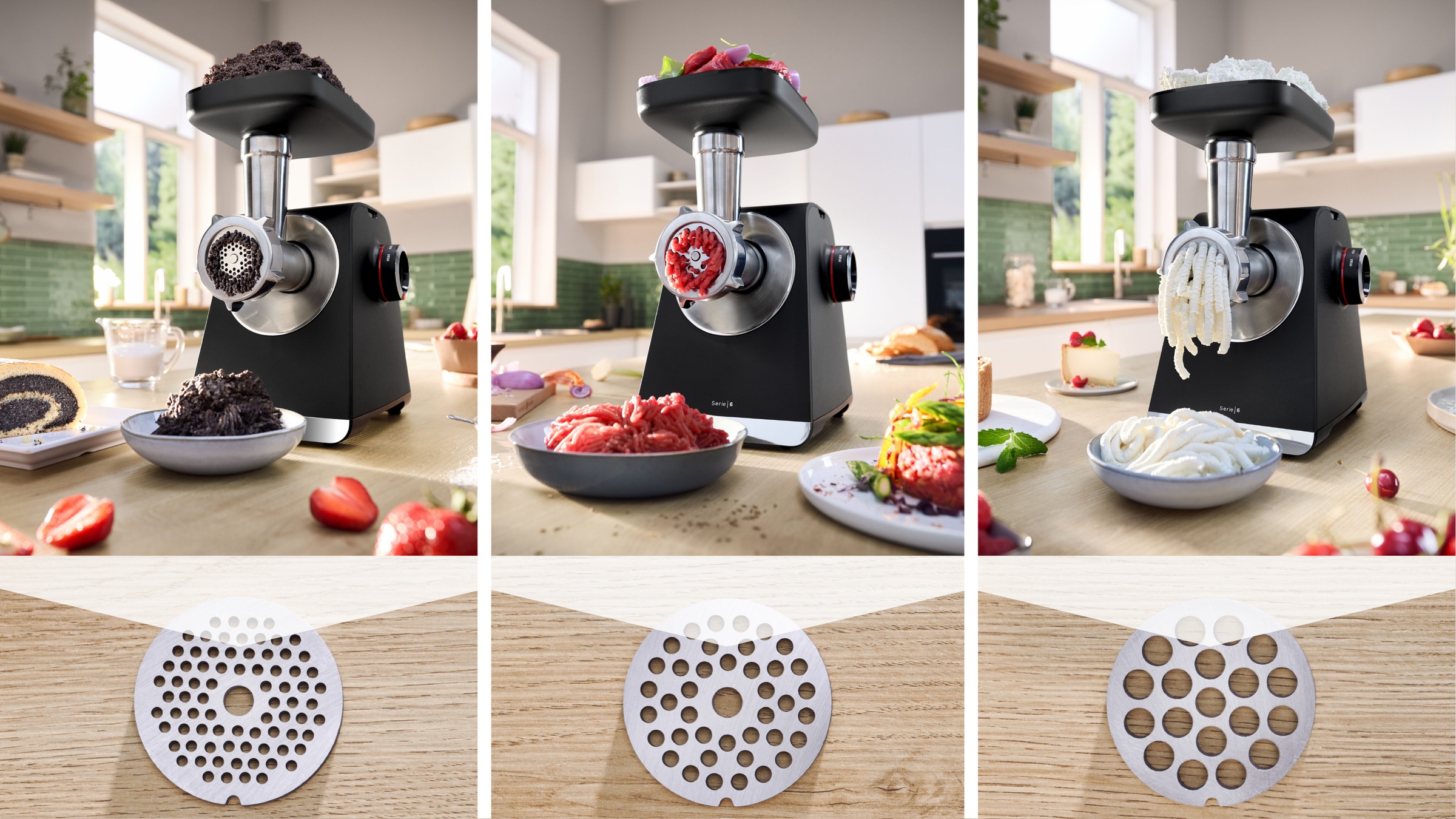 BOSCH Fleischwolf »Serie 6 MFWS650B, 3,5kg/Min., 2 Lochscheiben (3 & 8mm), schwarz«, 500 W, 2 Stufen, Rücklauf, Wurststopfer, 10 J Motorgarantie, Planetengetriebe