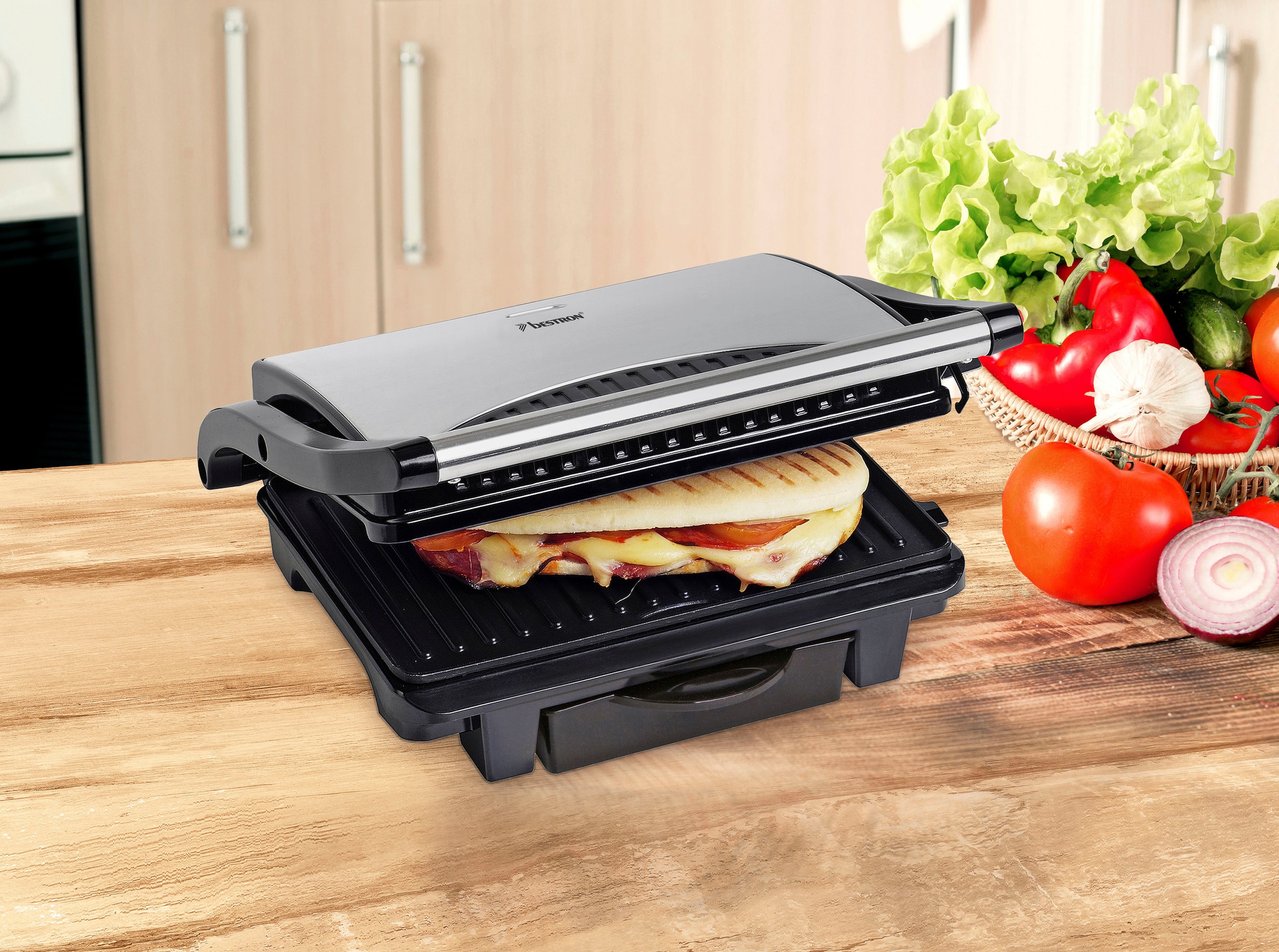 bestron Kontaktgrill »ASW113S Sandwich-/Panini-Kontaktgrill«, 1000 W, antihaftbeschichtet, mit Auffangschale, Schwarz