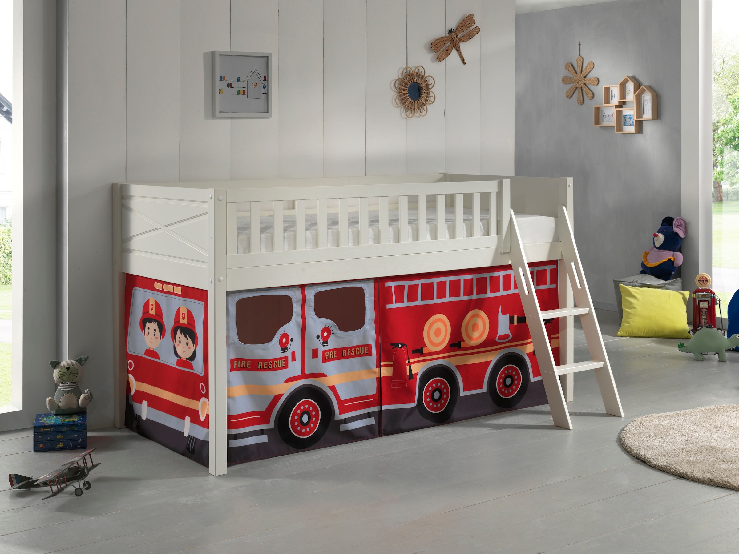Vipack Hochbett »Scott«, (Made in Europe), mit schräger Leiter, LF 90x200 cm, Vorhang, Tunnel, 7 Designs