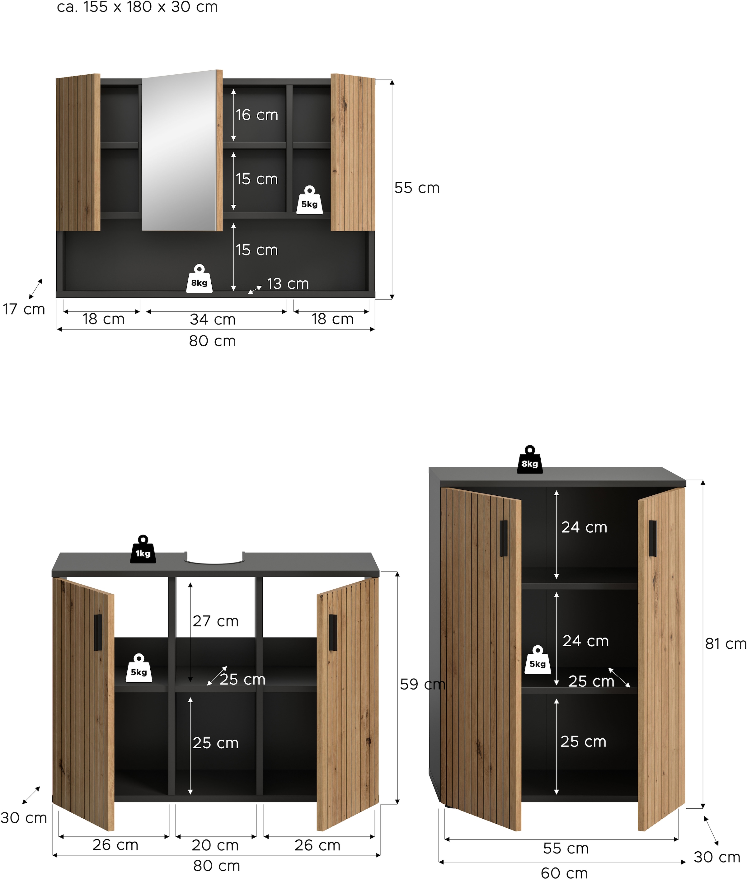 welltime Badmöbel-Set »MANI, 3-tlg. Badkombination, Paneeloptik« Set, Set, best, aus: 1Badschrank,1Spiegelschrank,1Waschbeckenunterschrank, 3 Stk. tlg.