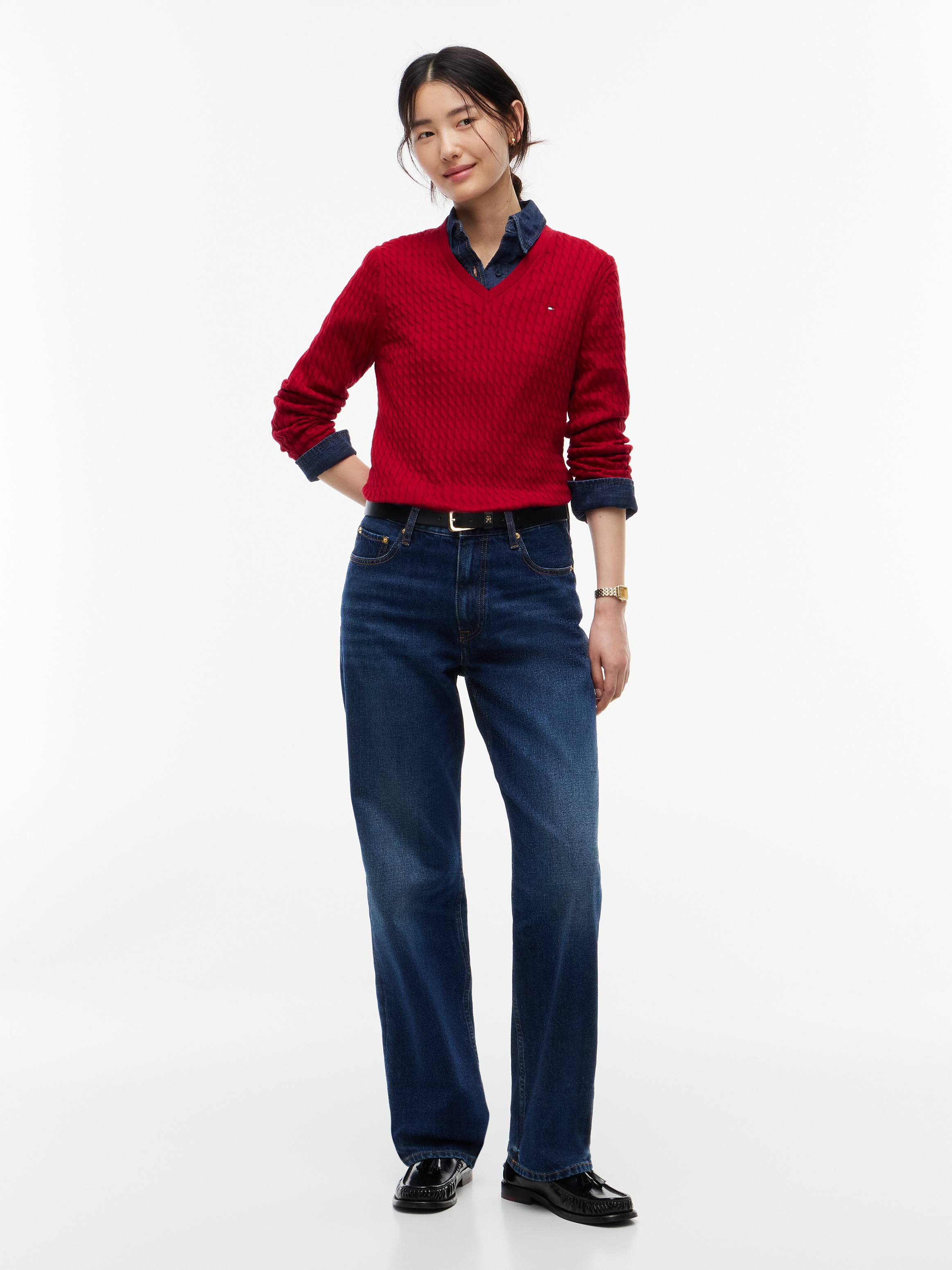 Tommy Hilfiger Strickpullover »CO CABLE FINE GG V-NK LS SWT« Baumwolle, mit Zopfmuster