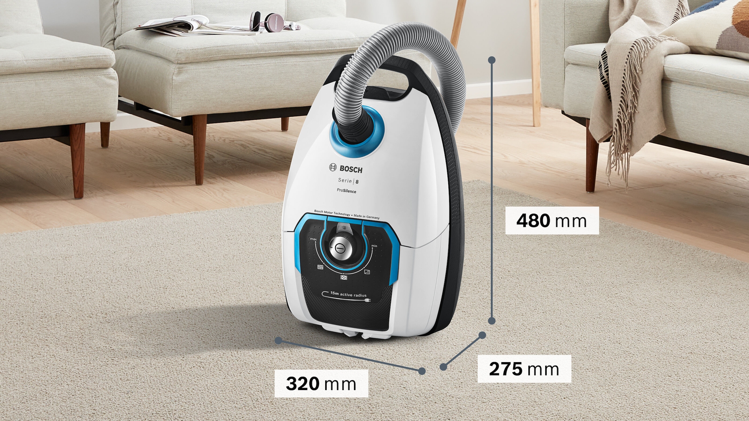 BOSCH Bodenstaubsauger »Serie 8 ProSilence BGB75XSIL, Hygiene-Filter, 10 Jahre Motorgarantie«, 650 W, mit Beutel, Hartbodendüse, XXL-Polsterdüse, langes Kabel, leise, weiß