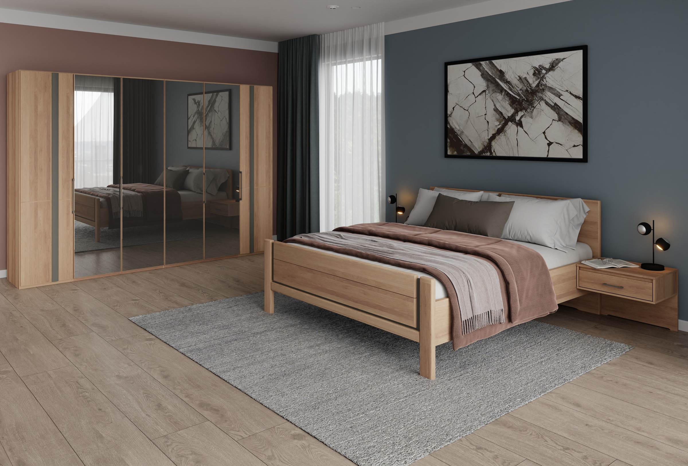 Musterring Schlafzimmer-Set »Sorrent, Kleiderschrank, Bett & Nachtkommoden, teilmassiv Eiche« 2er-Set Nachtschränke, Drehtürenschrank 300 cm, Bett 180x200 cm,  Bett mit Stollenfuß, Eiche teilmassiv, Spiegeltüren in Parsol-Bronze
