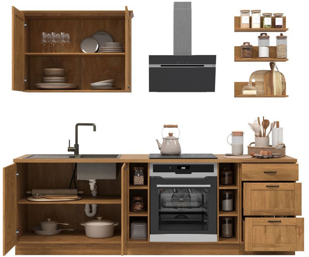 Home affaire Küchenzeile »Teramo« Set, Kombinierbar mit anderen Möbelstücken der Serie Teramo,  Breite 250 cm, Kiefer massiv, mit Arbeitsplatte