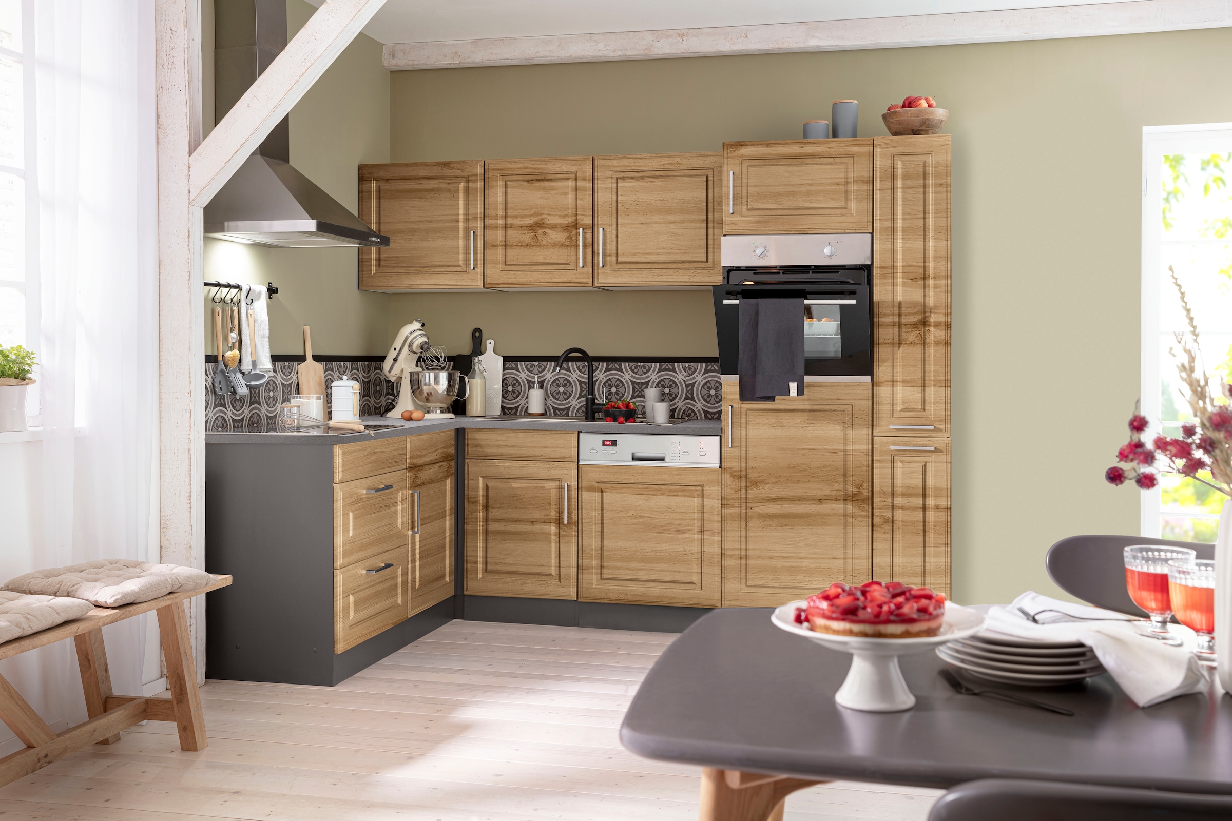 KOCHSTATION Winkelküche »KS-Stockholm« Stellbreite 260/170 cm, mit hochwertigen MDF Fronten im Landhaus-Stil