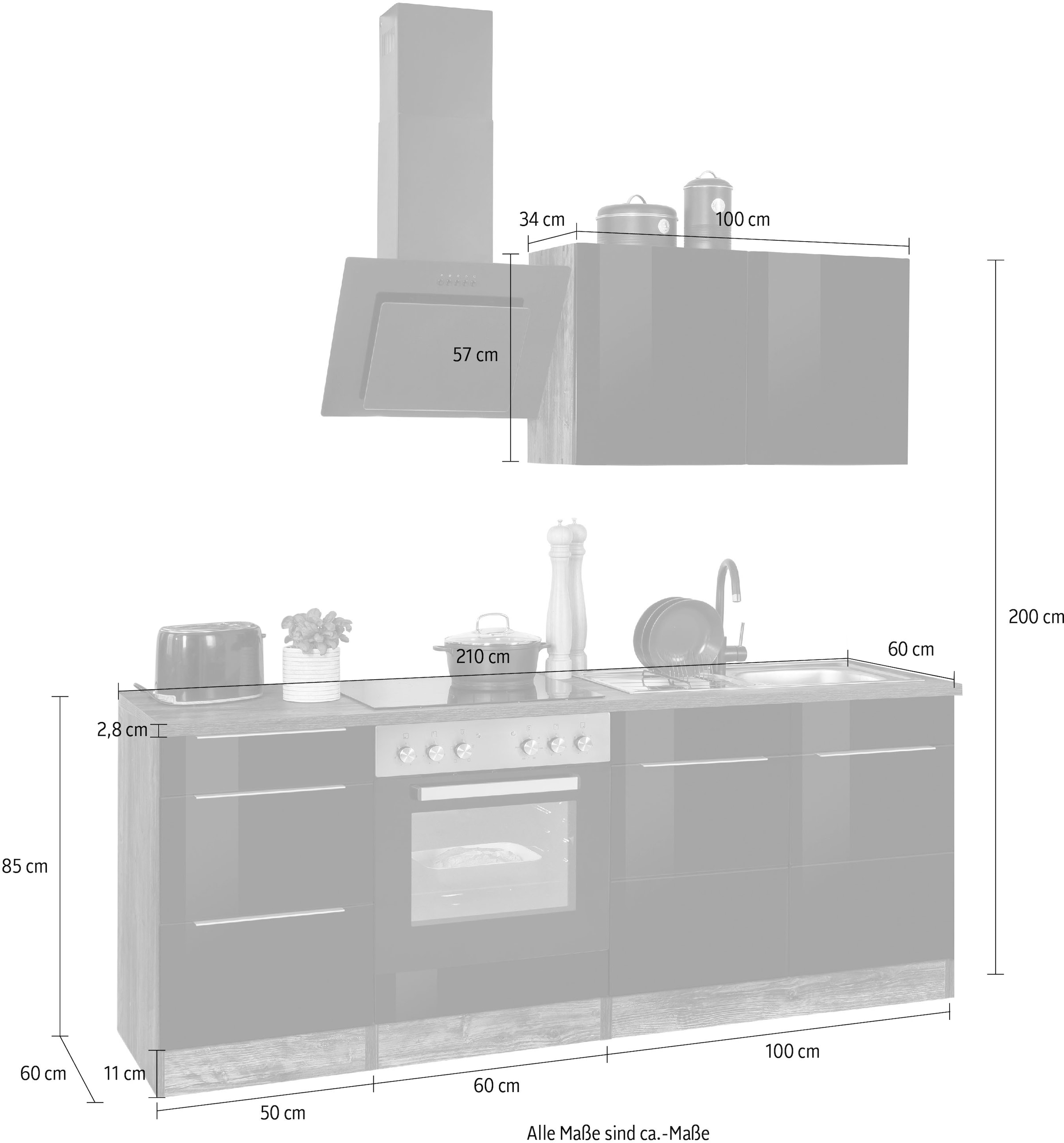 KOCHSTATION Küchenzeile »KS-Brindisi«, Breite 210 cm, wahlweise mit E-Geräten, mit MDF-Fronten