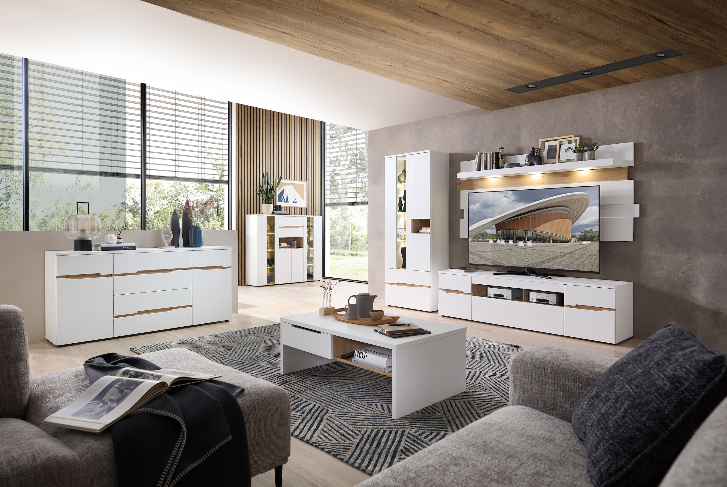 Innostyle Highboard »Memphis Highboard, 145x127x38cm (B/H/T)«, (1 St.), 4 türig, 2 Schubkasten, LED-Beleuchtung, Soft-Close
