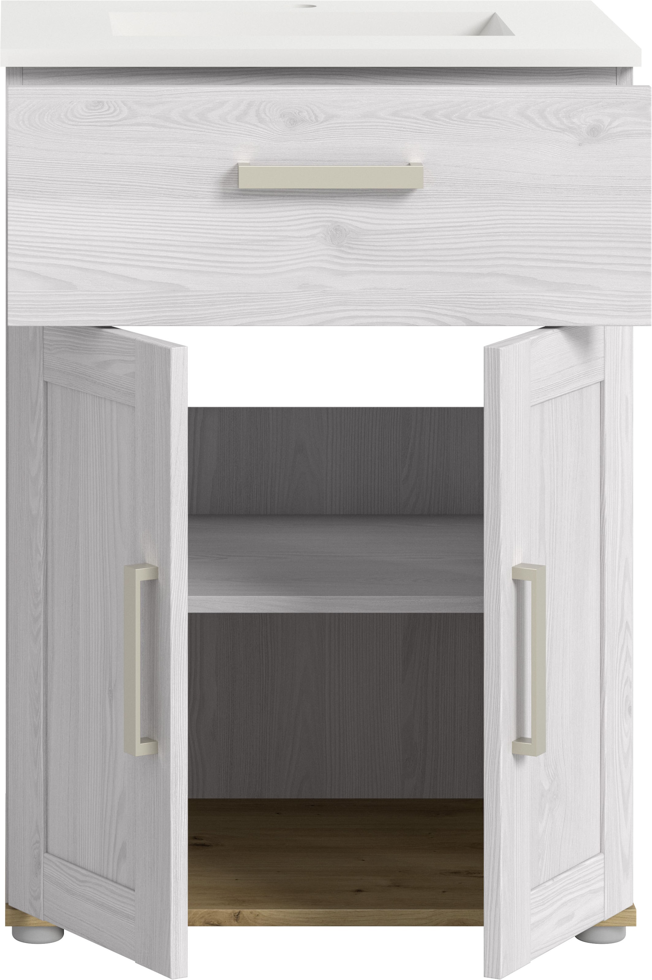 welltime Waschtisch »COSENZA, inkl. Keramik-Waschbecken, 2 Türen, 1 Schubkasten« in Landhausoptik, mit weiteren Artikel der Serie kombinierbar, 2 Stk. tlg. Waschbecken, Waschbeckenschrank, Badezimmer, Bad, Waschtisch, Kommode