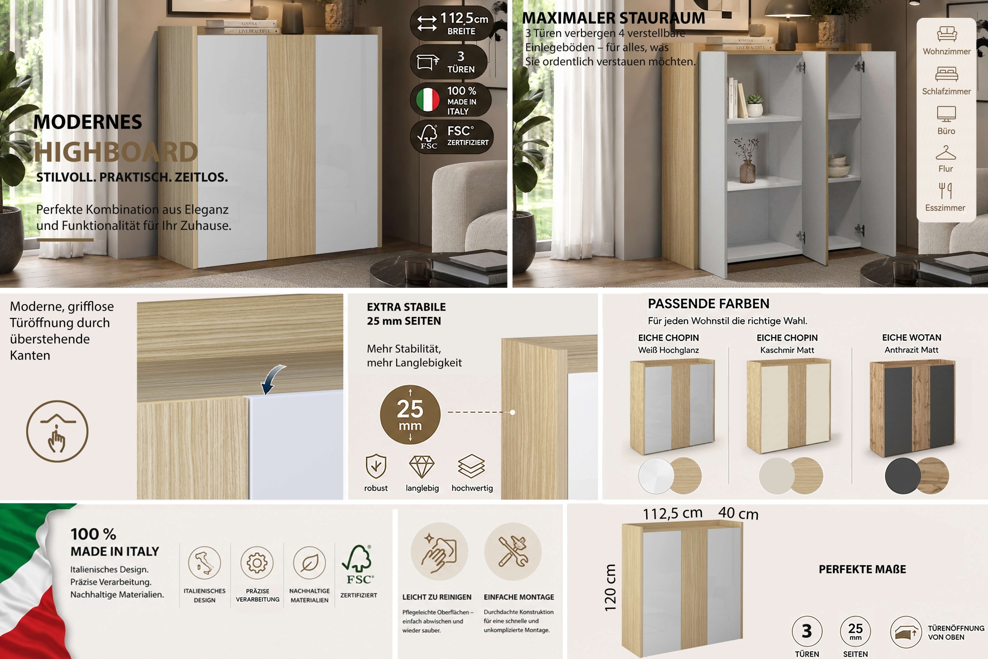OTTO home 1100000002199 »Highboard ALTEA, Kommode, Schrank, Kredenz« 1 Stk. tlg. Mit 3 Drehtüren, 6 Innenfächern, B.112,5 cm