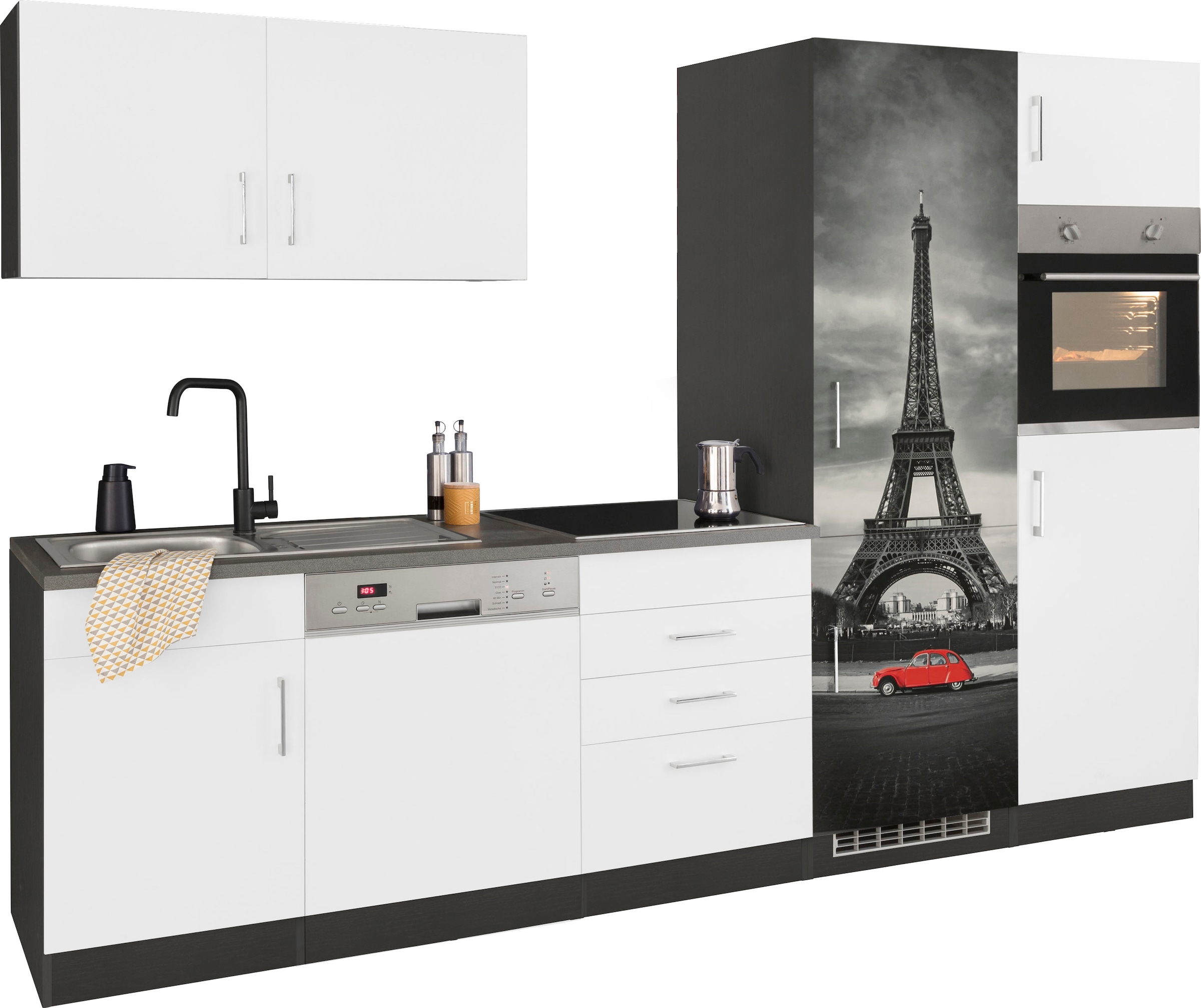 KOCHSTATION Küchenzeile "KS-Paris – Küchen mit einzigartigen Fotomotiven auf den Fronten" Breite 290 cm, wahlweise mit E-Geräten und Induktion