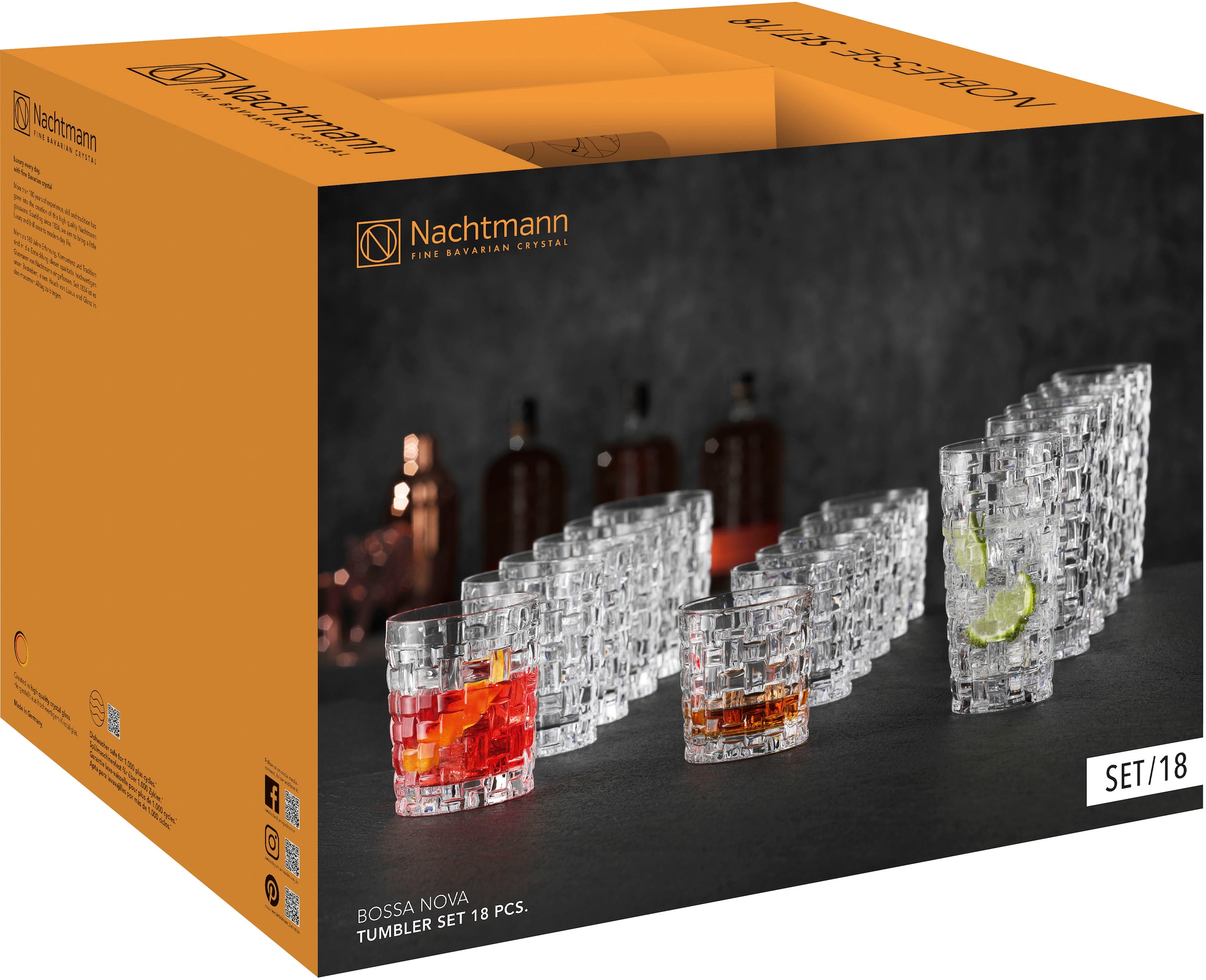 Nachtmann Gläser-Set »Bossa Nova«, (Set, 18 tlg., je 6 Whiskygläser, Longdrinkgläser und Softdrink/Wasser-Gläser), Made in Germany, 18-teilig