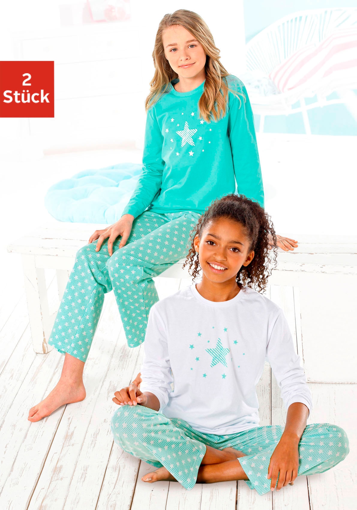 petite fleur Pyjama, (Set, 4 tlg., 2 Stück), in langer Form mit Sternen  Print bei ♕