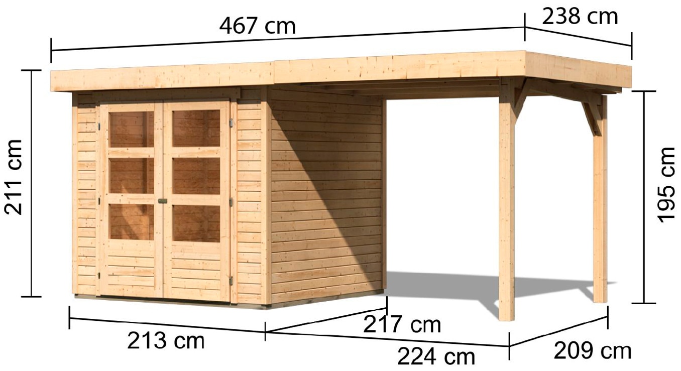 Karibu Gartenhaus »Arnis« mit Anbaudach 2,40 m Breite, Made in Germany