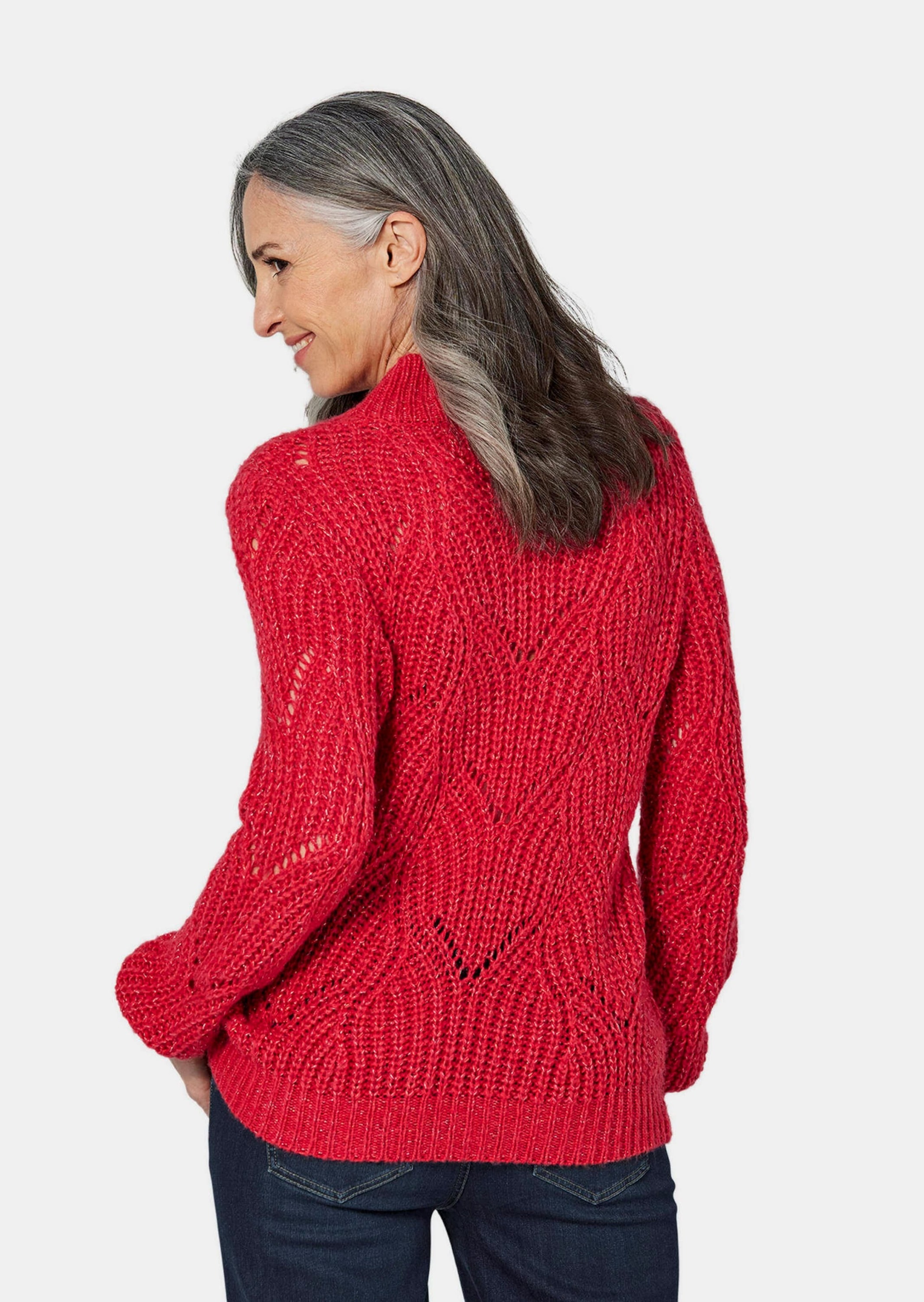 GOLDNER Rundhalspullover »Kurzgröße Strickpullover mit Ajourmuster«
