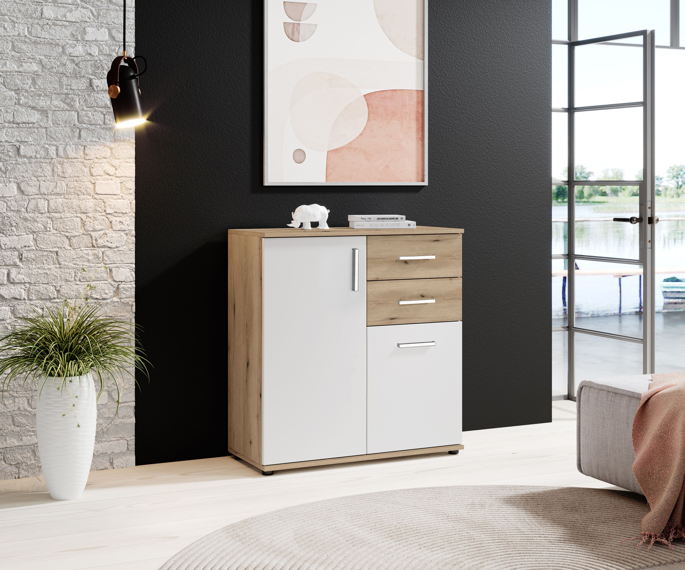 HBZ Kommode "BC-Drift-2, Universalschrank Stellmaß BxHxT 80x84x35 cm" 1 Stk. tlg. Kommode mit 2 Türen, 2 Schubkästen, 1 Einlegeboden