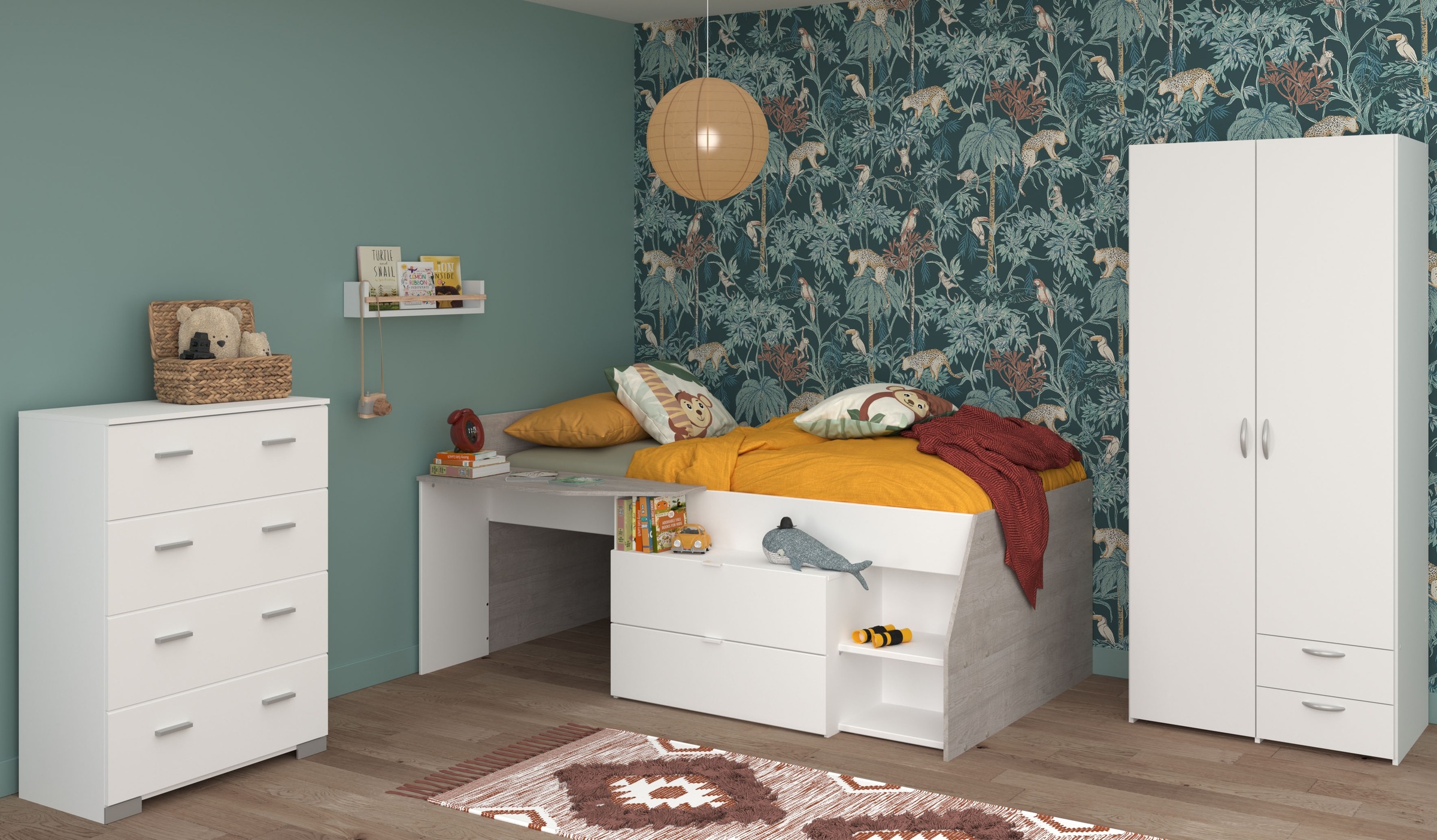 Parisot Jugendzimmer-Set »Parisot, Milky 12«, (3 tlg.), tolles halbhohes Hochbett, Kleiderschrank mit Mittelwand und Stauraum
