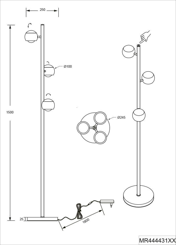 Musterring LED Stehlampe »CANNON, 3-flammige LED Stehleuchte 5W 500Lumen 2300-4000K CCT« LED-Board 1 Stk. Farbwechsler | warmweiß - kaltweiß mit Touch-Sensordimmer, Memory, 3 schwenkbare Lichtkegel up-and-down