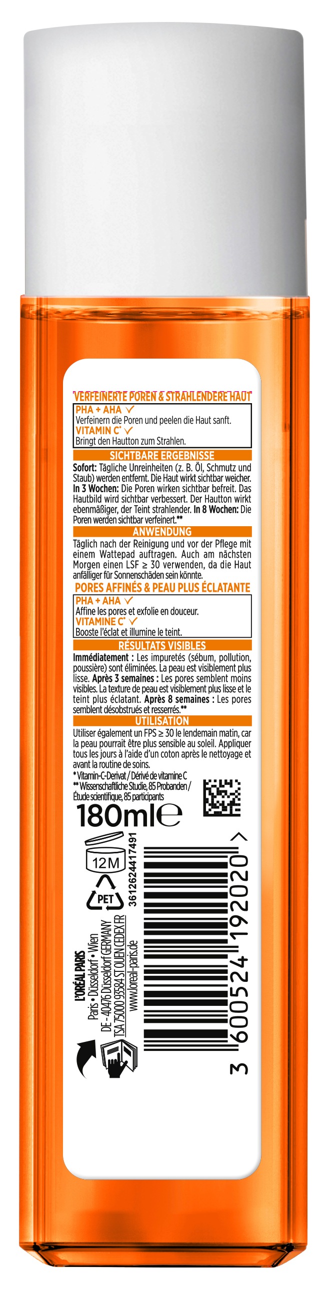 L'ORÉAL PARIS Gesichtsfluid »L'Oréal Paris Vitamin C Porenverfeinernder Toner«, 1.4% PHA & AHA sorgen für sanftes Peeling, auch für empfindliche Haut.