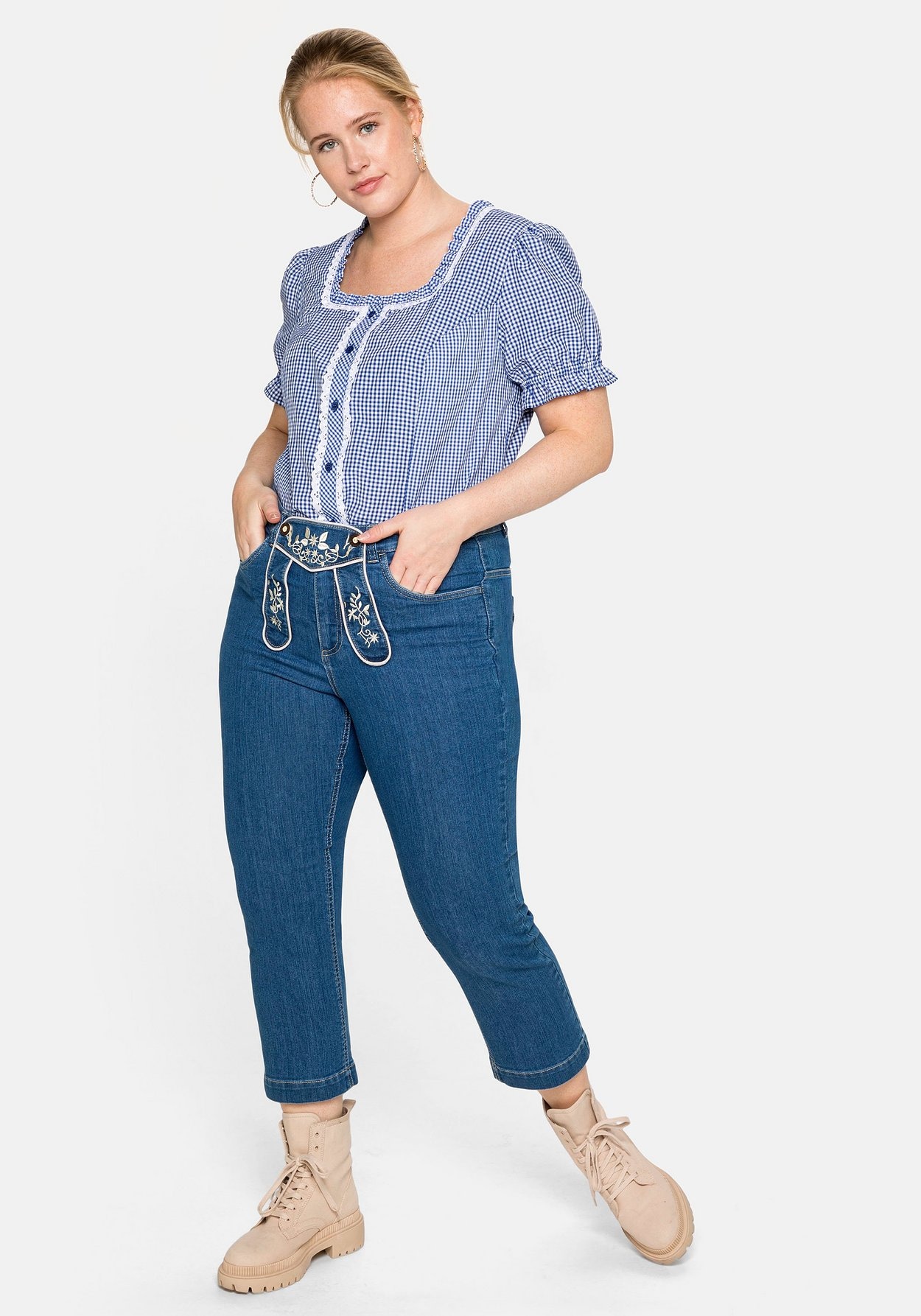 Sheego Trachtenbluse »Trachtenbluse im Karo-Design, mit Spitzenbesatz«