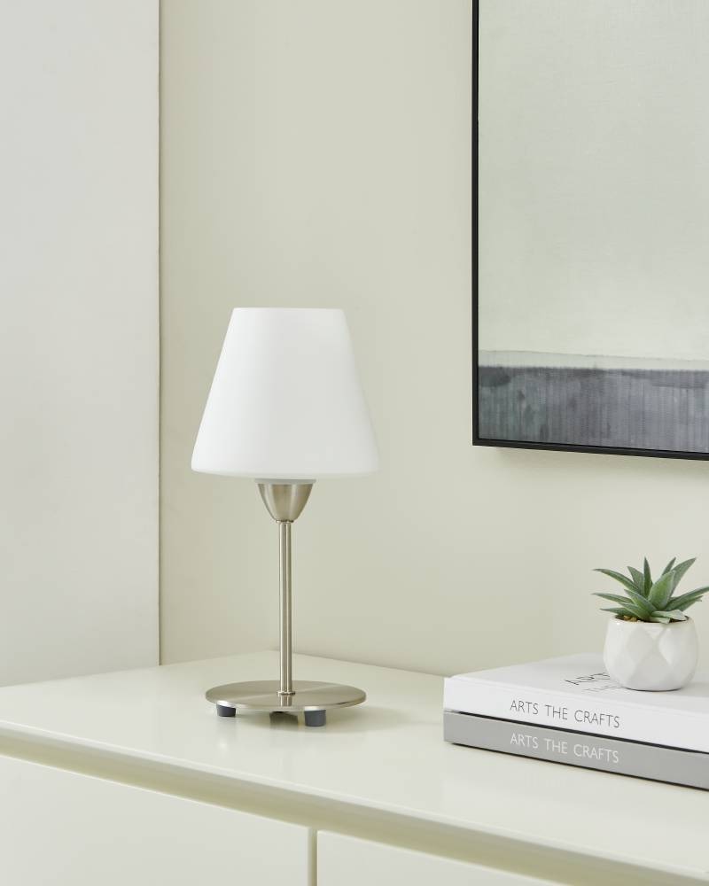 EGLO Tischleuchte »DAMASCO 1 Tischlampe, weiß, nickel-matt, exkl. Leuchtmittel E14«, 1 flammig, Leuchtmittel E14 | Leuchtmittel wechselbar-ohne Leuchtmittel, Nachttischlampe, Schreibtisch, Büro, elegant und zeitlos, 30x14,5x12cm