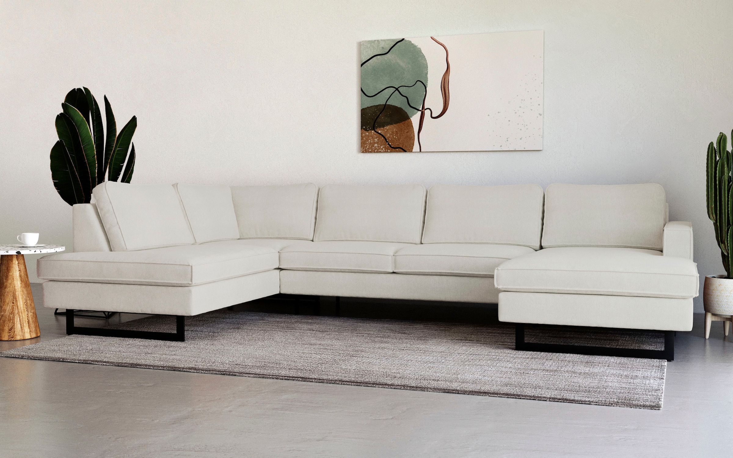 Places of Style Wohnlandschaft »Pinto, 350 cm, U-Form, XXL, mit Ottomanen«, Cord, Chenille, Lederoptik, mit Keder, Metallfüße, Wellenunterfederung
