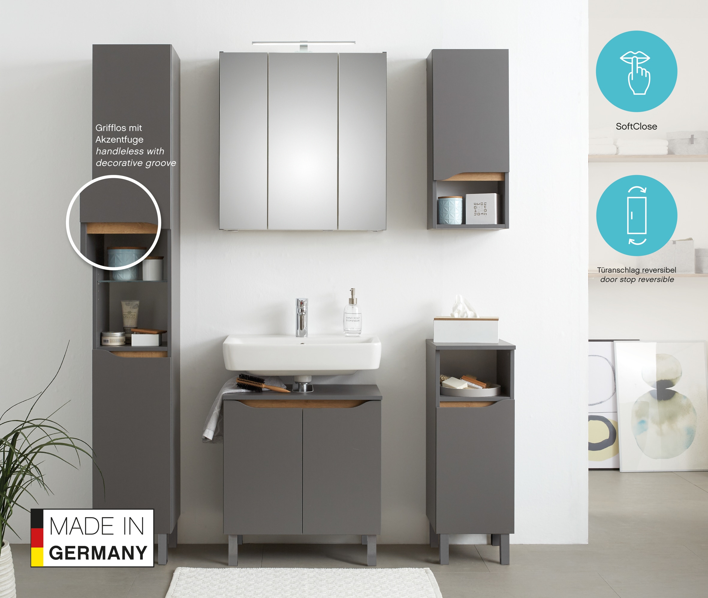 Saphir Hochschrank »Quickset Badschrank 30 cm breit, 2 Türen, 1 Nische, 2 Einlegeböden« Badezimmer-Hochschrank inkl. Türdämpfer, grifflos