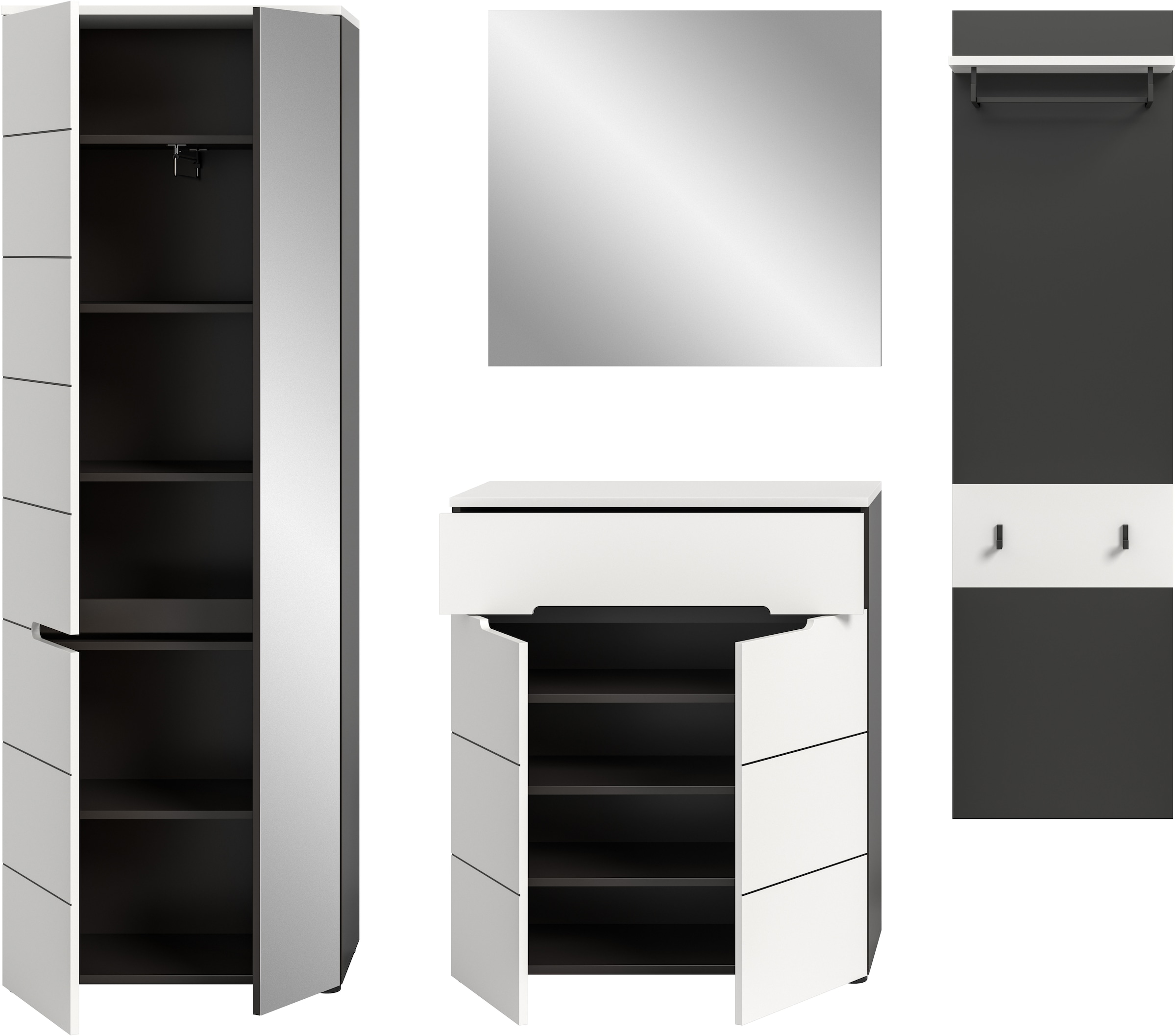 INOSIGN Garderoben-Set »REHAT, TOPSELLER!, 4-teilig, Breite 220 cm, individuell erweiterbar« Set, bestehend aus: Garderobenschrank, Kommode, Spiegel & Garderobenpaneel, 4 Stk. tlg.