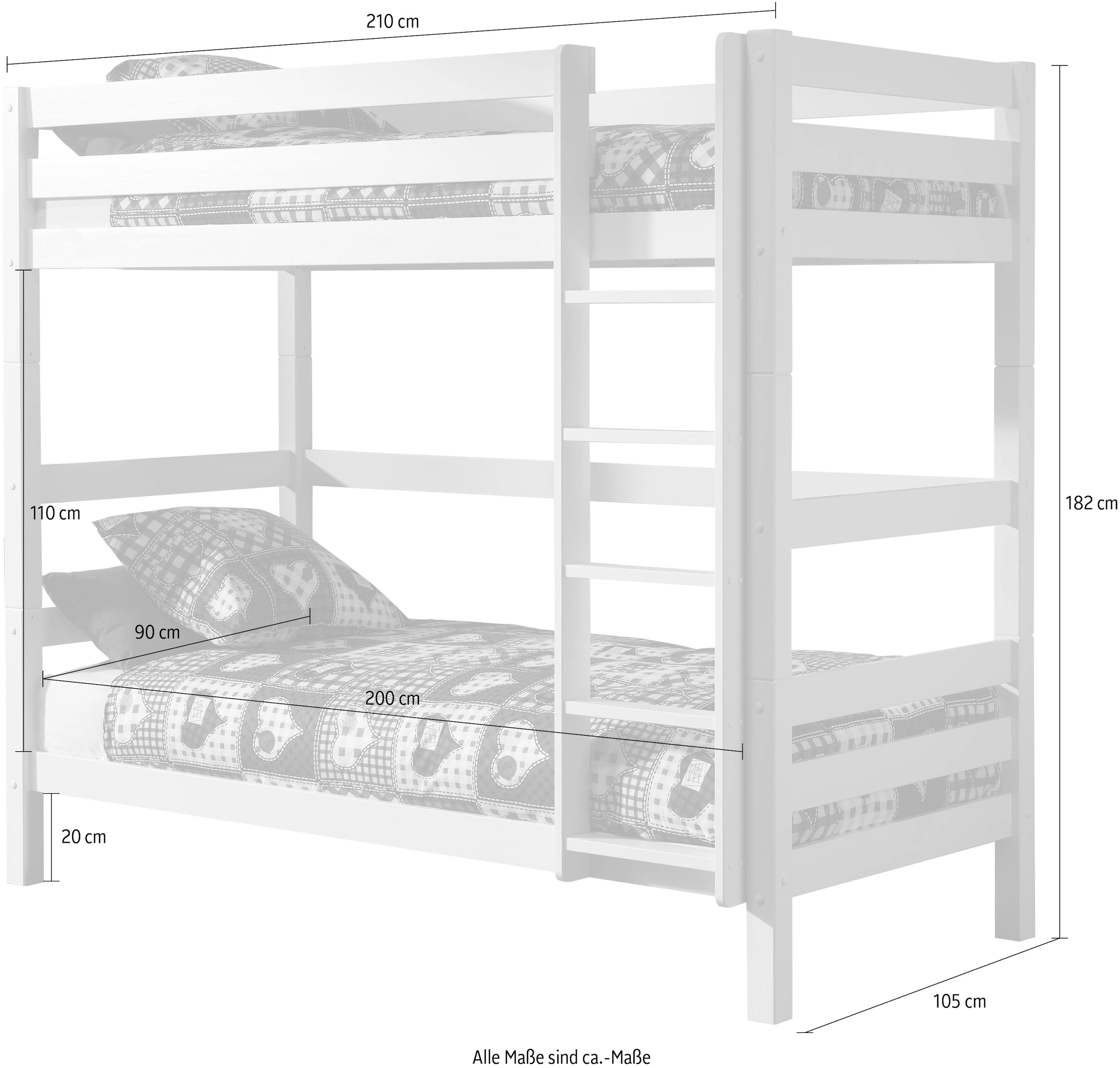 Vipack Etagenbett »Pino, inkl. Rolllattenrost, Leiter und Absturzschutz«, (B/H/T ca. 210x182x105cm, massiv Kiefer verschiedene Farben), wahlweise ohne Schublade, mit 1 großen, 2 kleinen Bettschubladen