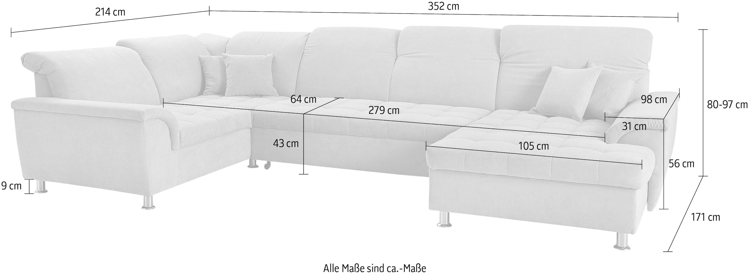 DOMO collection Wohnlandschaft »FRANZI 344x206x81 cm, elegant, komfortabel« U-Form, Recamiere rechts, marine, B/T: 344/206 cm