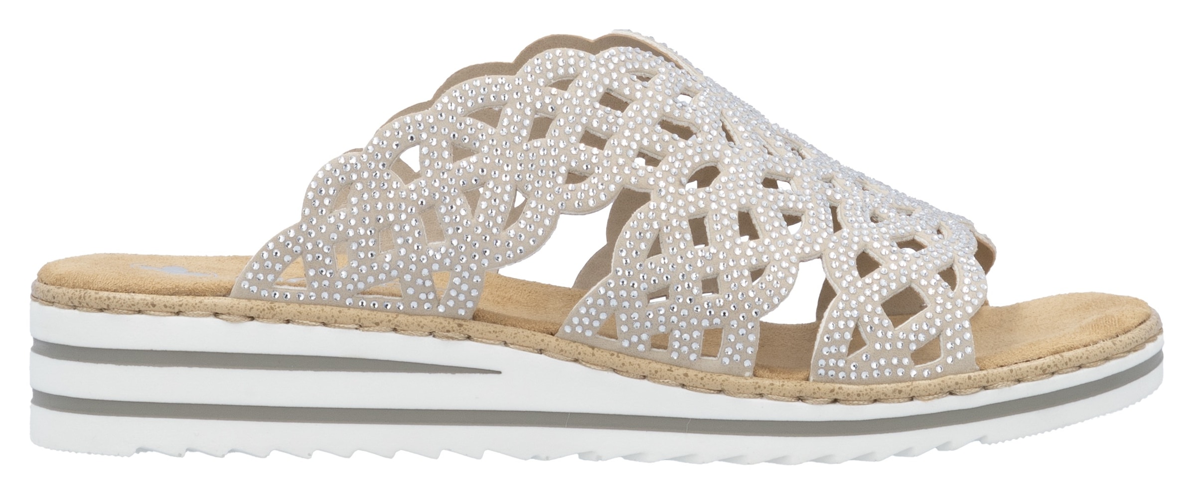 Rieker Pantolette, Sommerschuh, Strandschuh, Hausschuh, Keilabsatz, mit Strass-Steinchen