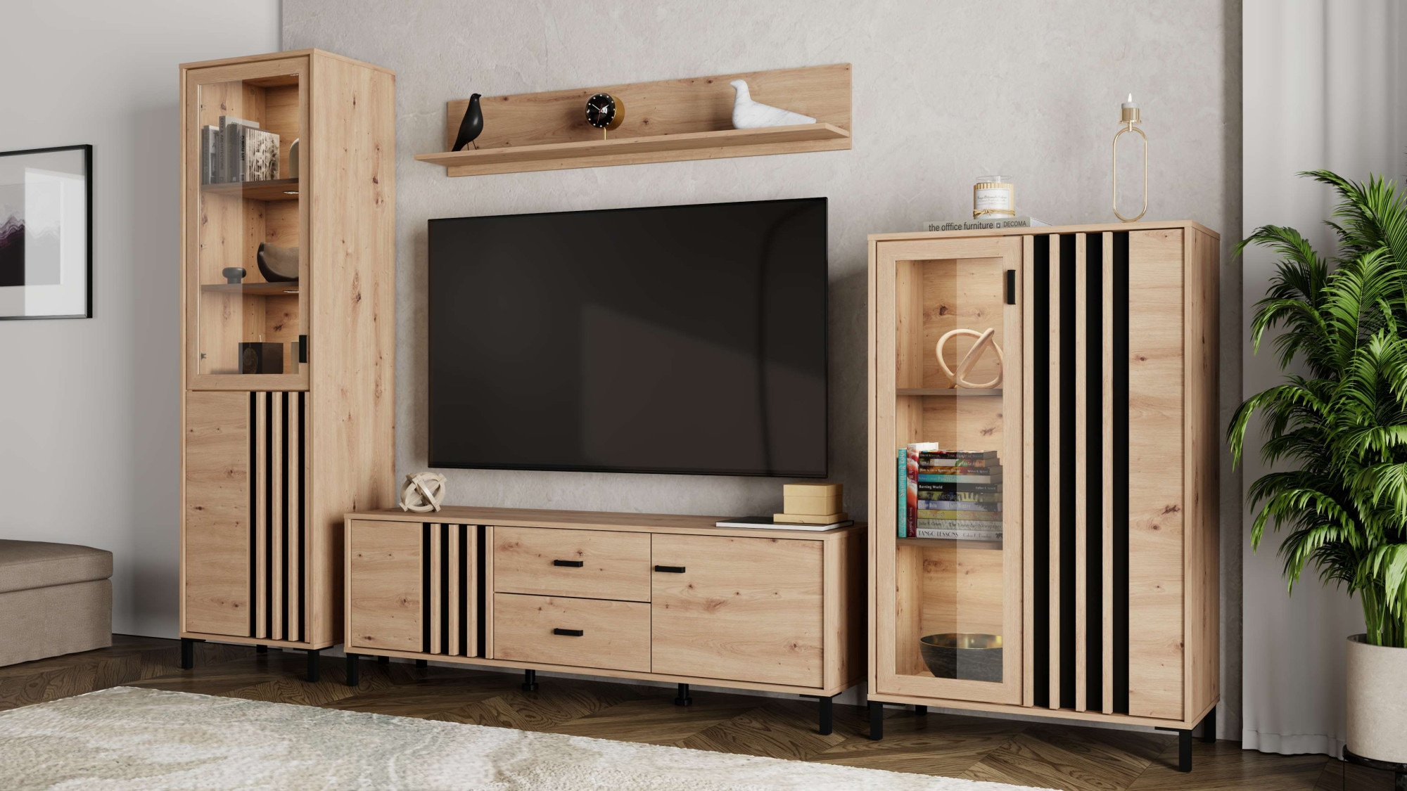 Home affaire Highboard »LAVAL, Hochkommode, Vitrine, Glasvitrine, Kombi-Highboard« Modernes Highboard in Artisan-Dekor mit Glasfront & Lamellen-Optik