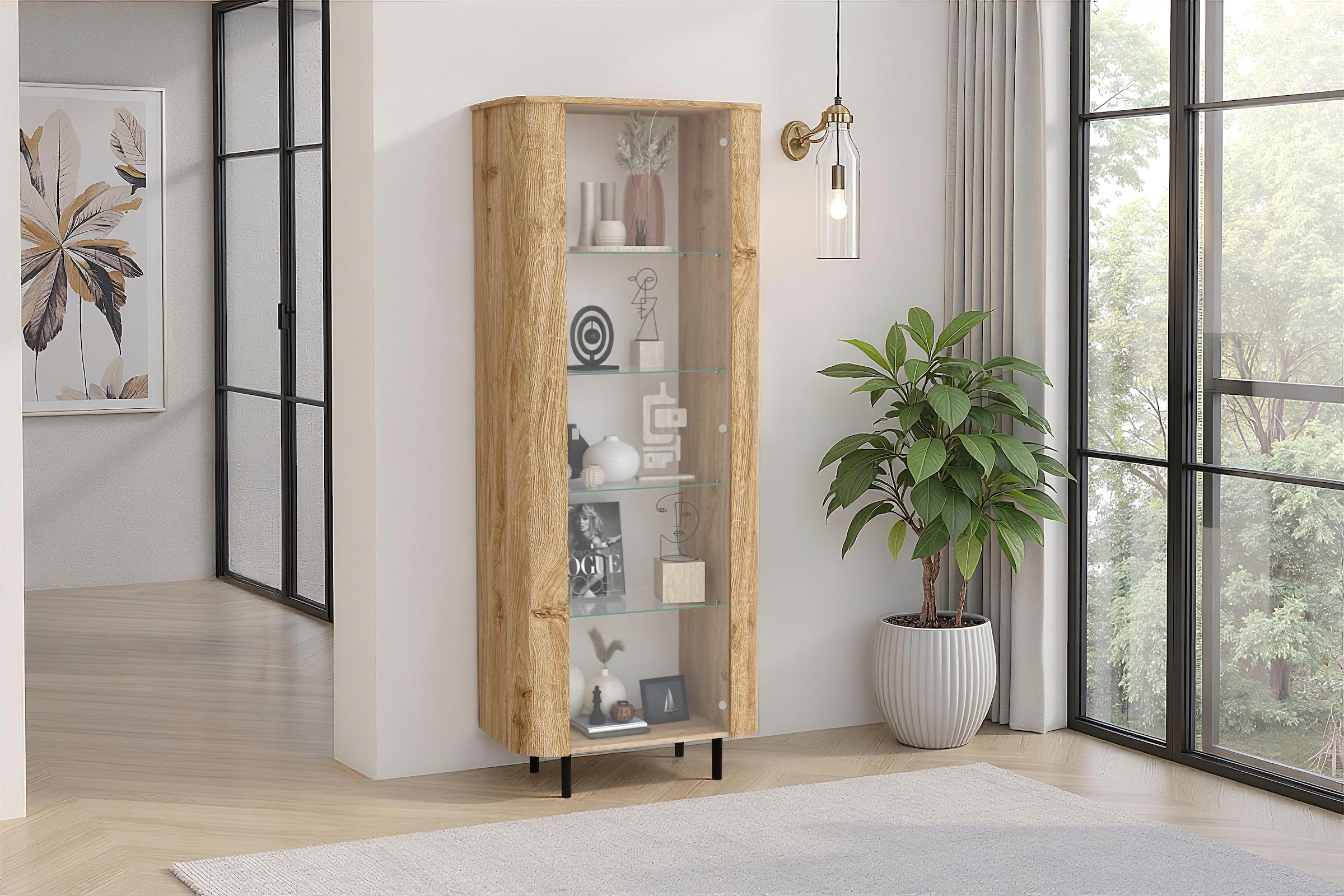Home affaire, Vitrine »Murano, Standvitrine H 200 cm, B 80 cm, 1 Tür, Vitrinenschrank« Formgebogenes MDF, Stirnseiten mit Rundung, Metallfüße, 