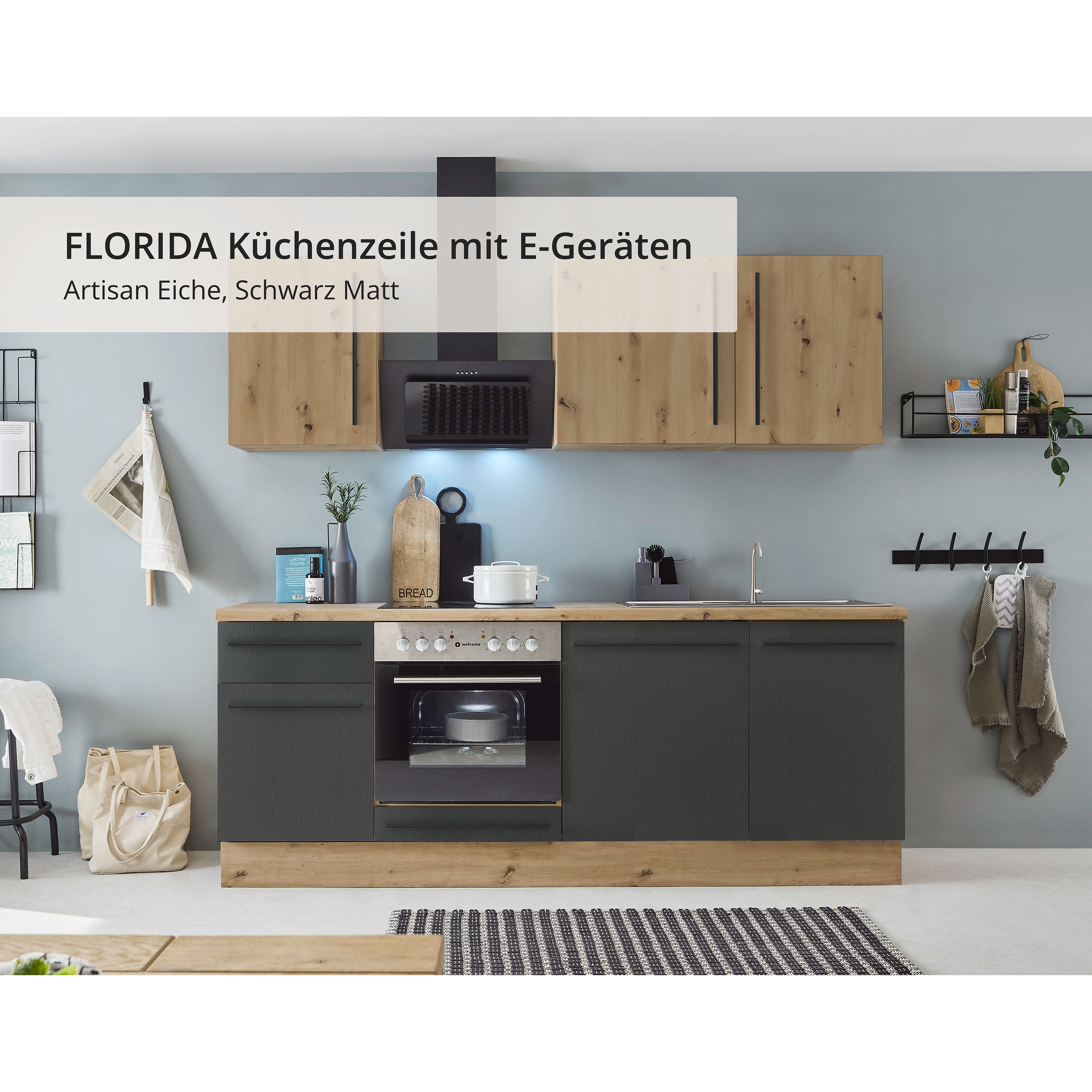 KOCHSTATION Küchenzeile »Florida mit 38mm starker Arbeitsplatte«, Breite 220 cm, wahlweise mit E-Geräten, Soft-Close-Funktion