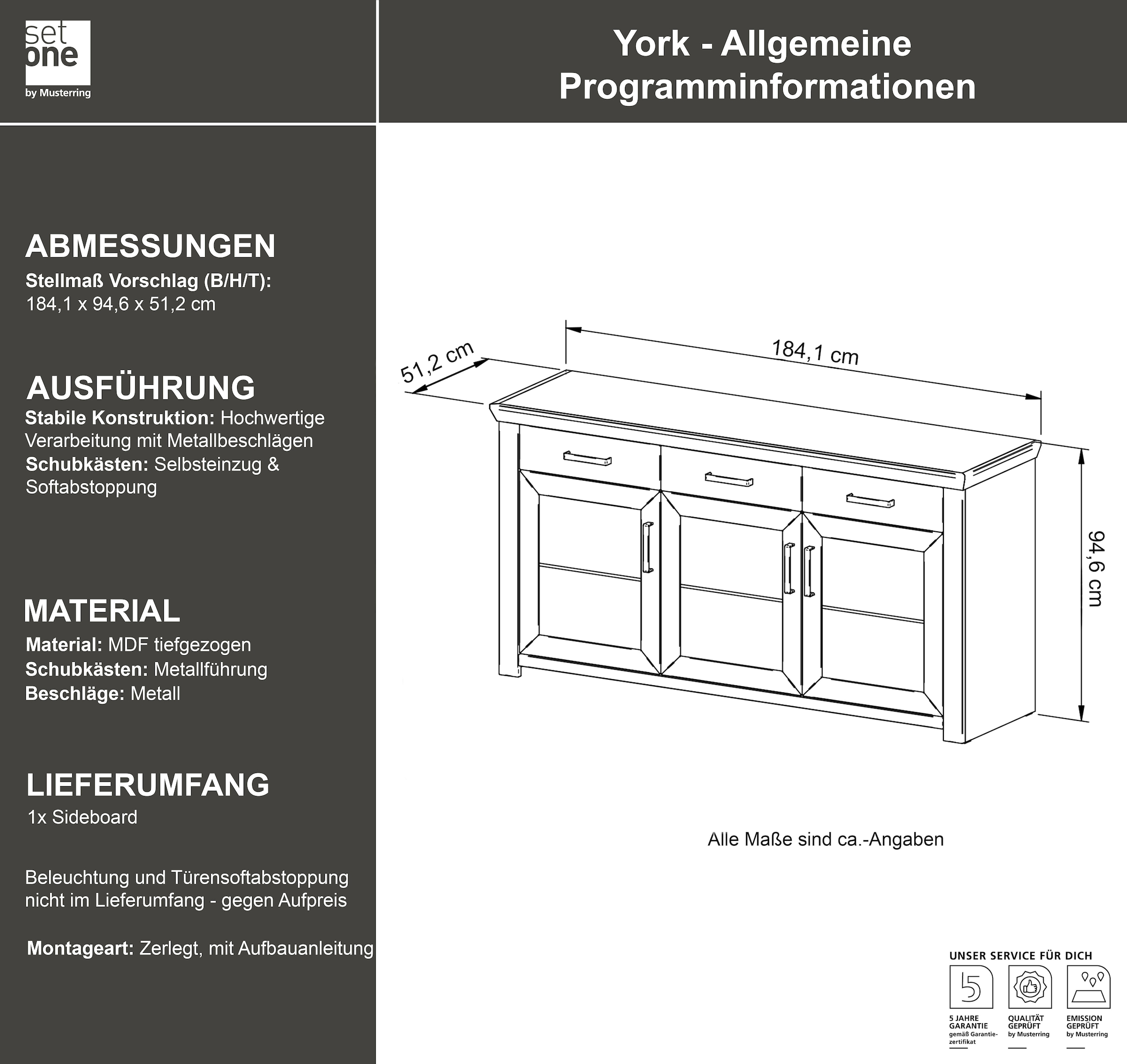 set one by Musterring Sideboard »York«, Typ 52, in 3 Farbvarianten, Landhaus-Stil, B 184 x H 95 cm