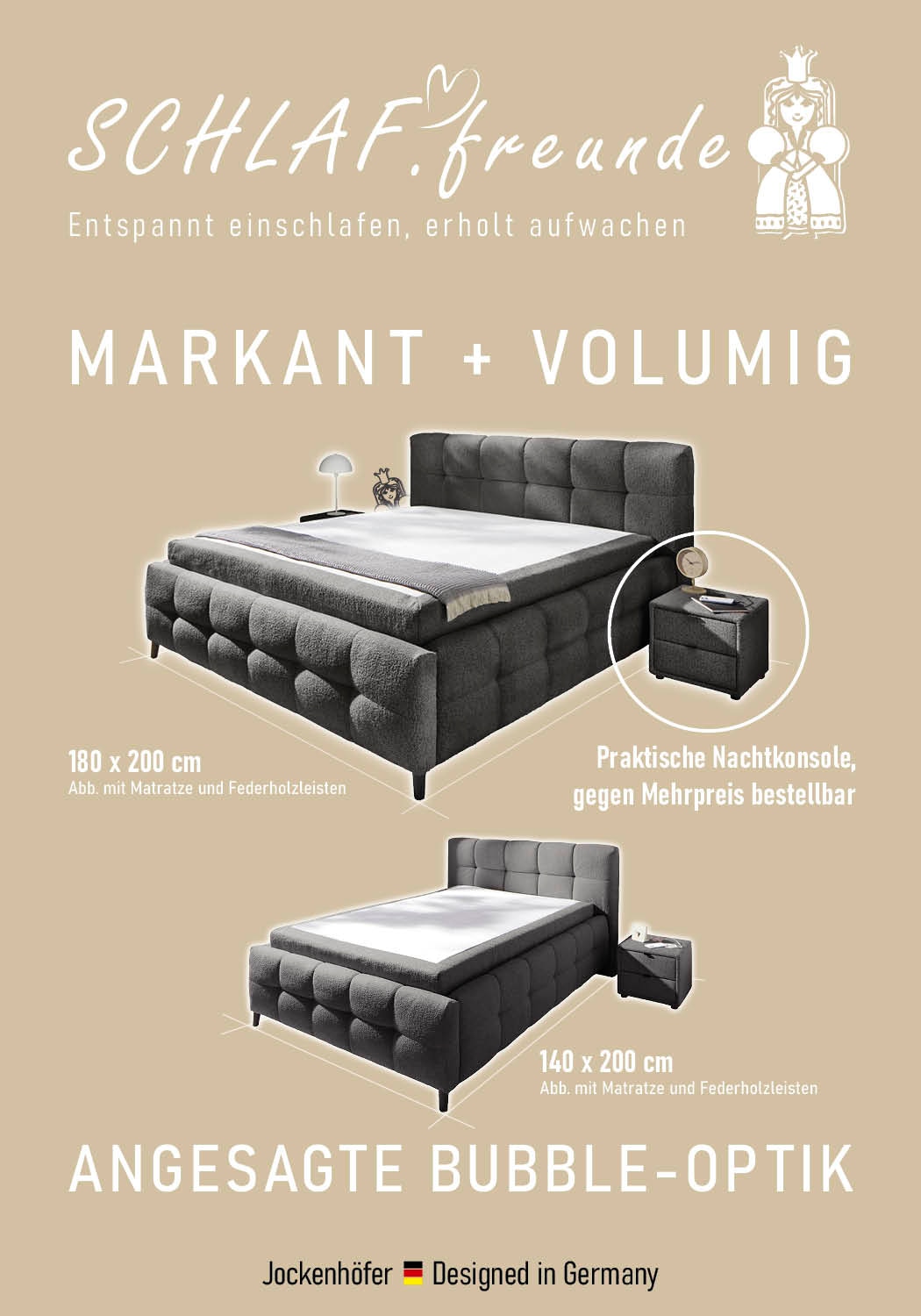 Jockenhöfer Gruppe Polsterbett »Lucy, wahlweise mit Federholzleisten und 7-Zonen-TTFK-Matratze in H3« Bubble-Optik, 2 unterschiedliche Einlegetiefen möglich