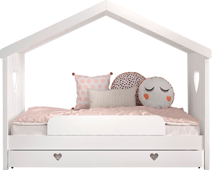 Vipack Hausbett »Amori, inkl. Dach, Rückseitig offen, mit Rolllattenrost«, (B/H/T ca. 213x171,7x98,7cm, verspielte Herz-Ausschnitte seitlich), wahlweise, mit oder ohne Schublade und Absturzschutz, weiß lackiert