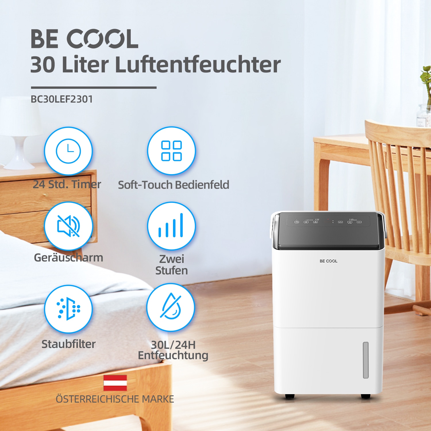 be cool Luftentfeuchter »BC30LEF2301«, für 62 m³ Räume, Entfeuchtung 30 l/Tag, Tank 4 l