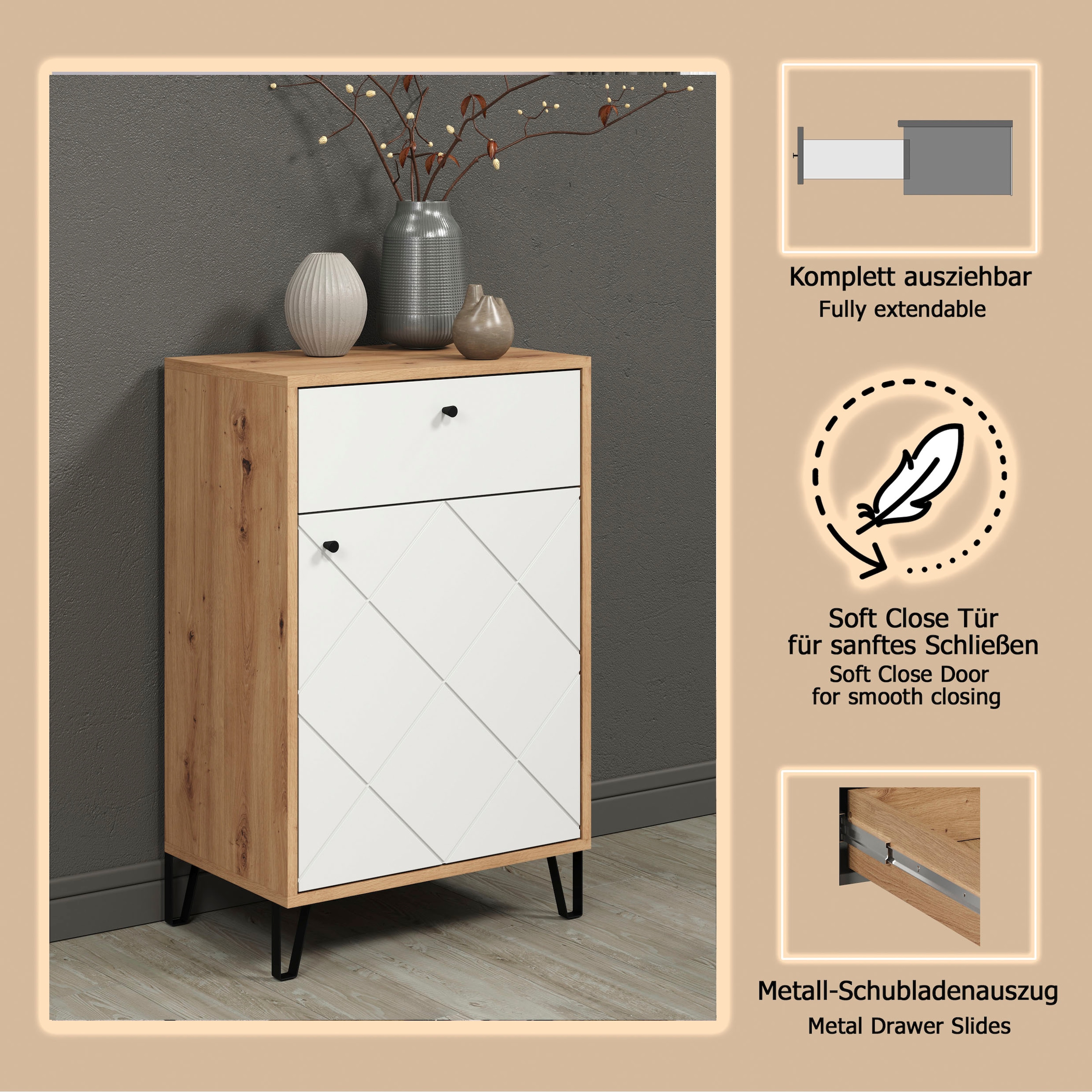 Places of Style Kommode »Tarragona«, (1 St.), Kommode, Tür, Schublade & Soft-Close - (B/T/H) 63/40/96 cm