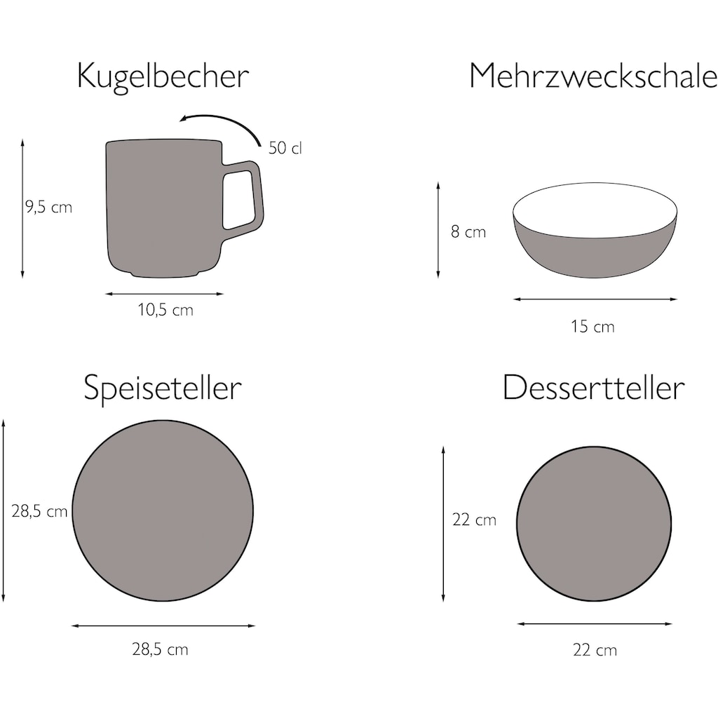 CreaTable Kombiservice »Geschirr-Set LOFT STONE«, (Set, 16 tlg., Kaffeeservice und Tafelservice im Set, für 4 Personen)