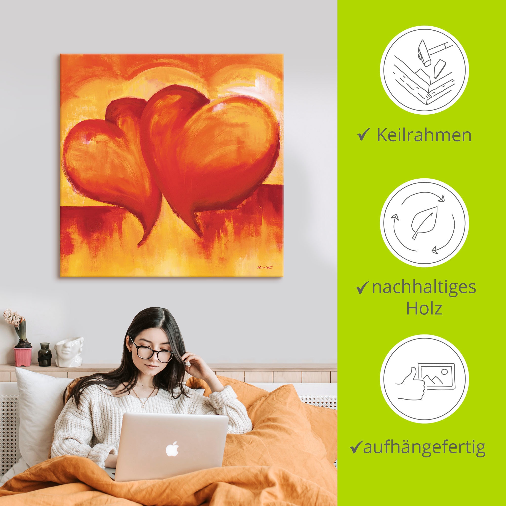 Artland Leinwandbild »Abstrakte Herzen - Orange« Herzen 1 Stk. tlg. auf Holzrahmen gespannt