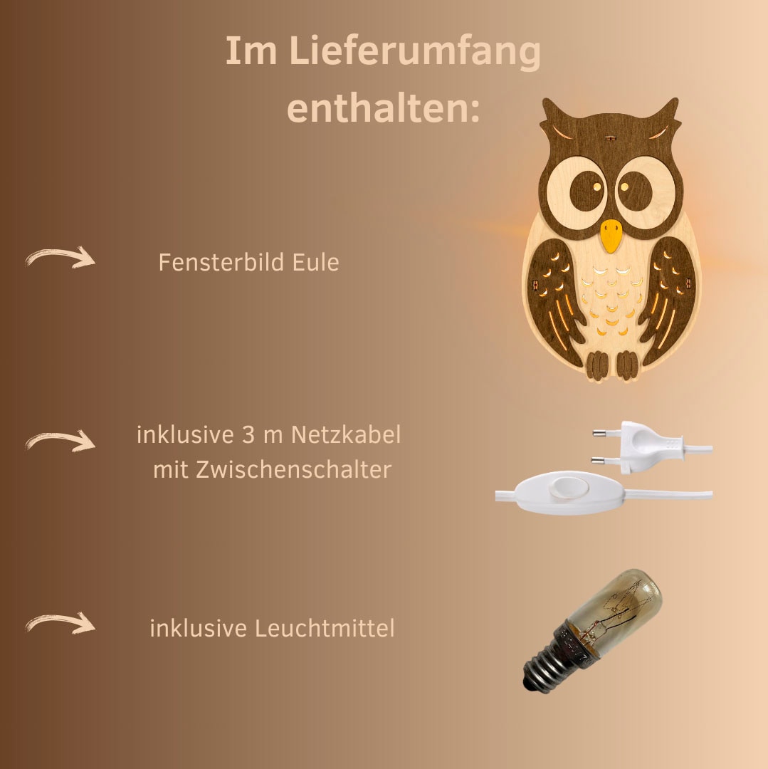 Weigla Beleuchtetes Fensterbild »Eule, Fensterdekoration aus Holz, NATUR-BRAUN, Made in Germany« Erzgebirge garantiert, Herbstdeko Innen Holz, Fensterbeleuchtung