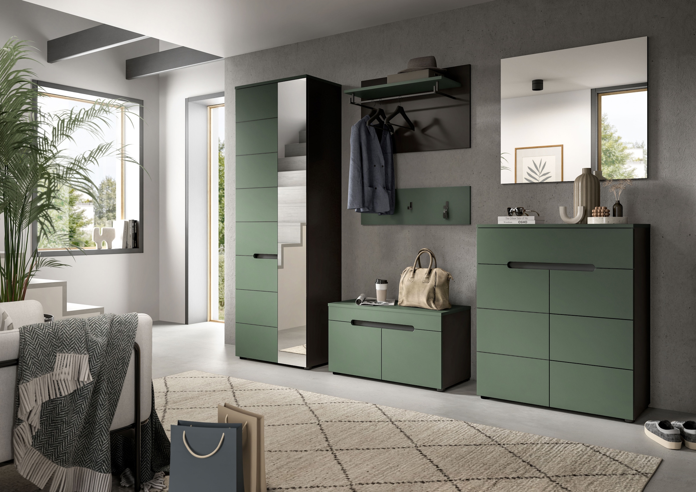 Home affaire Garderoben-Set »REHAT, TOPSELLER!, 4-teilig, Breite 160cm, individuell stellbar« bestehend aus: Garderobenschrank, Sitzbank, Paneel, Hakenleiste, 3 Stk. tlg.