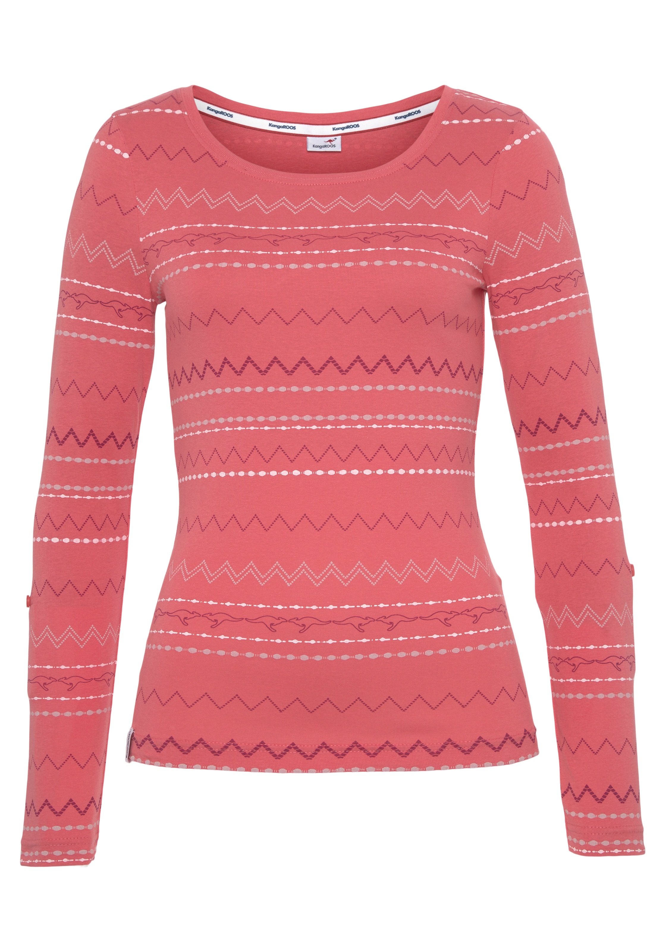 KangaROOS Langarmshirt, sehr figurbetonte Passform, mit Zick-Zack-Muster, aus 100% Baumwolle