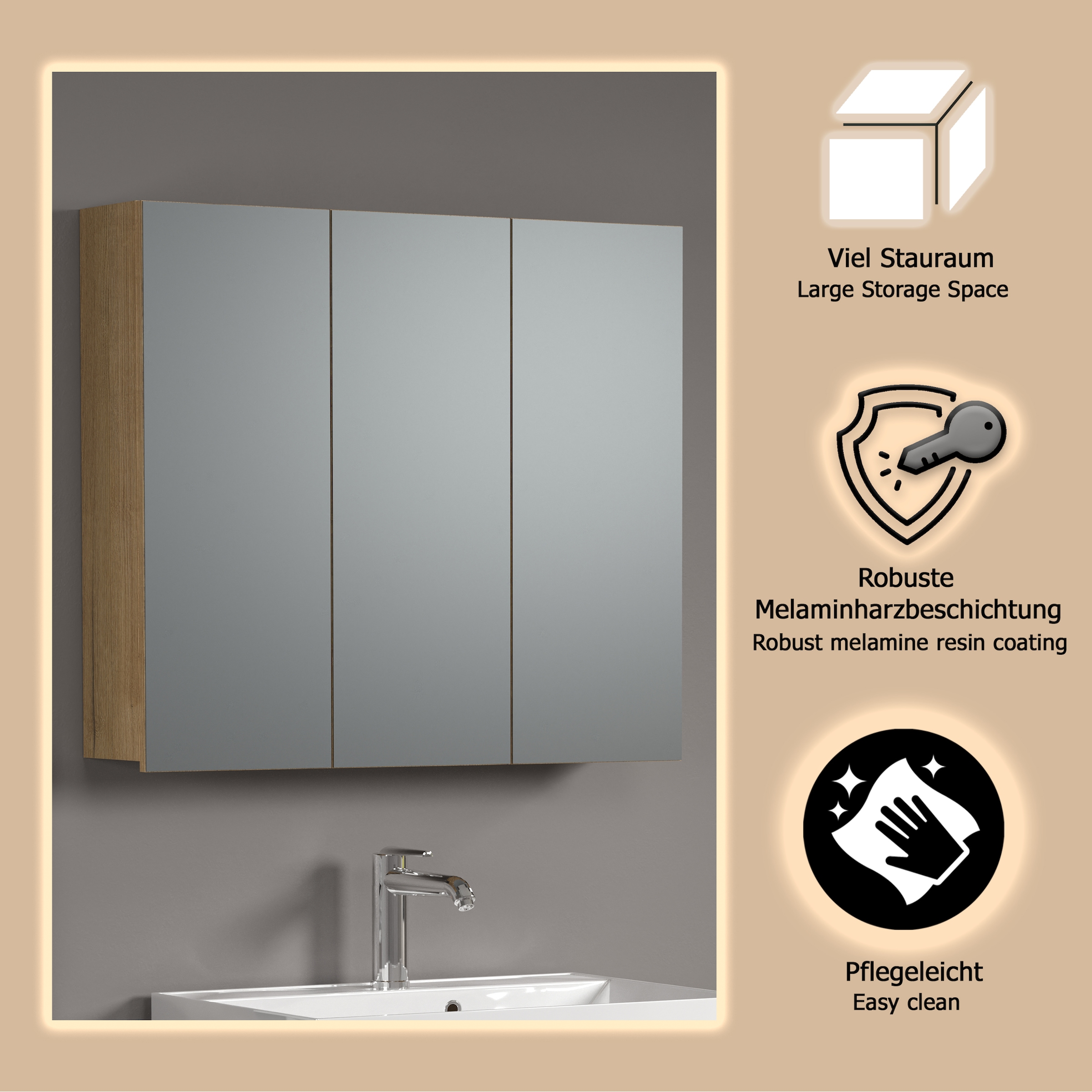 welltime Spiegelschrank »Amrum« 1 Stk. tlg. 3-Türiger Badspiegel mit Stauraum - Maße (B/T/H) 90/20/80 cm