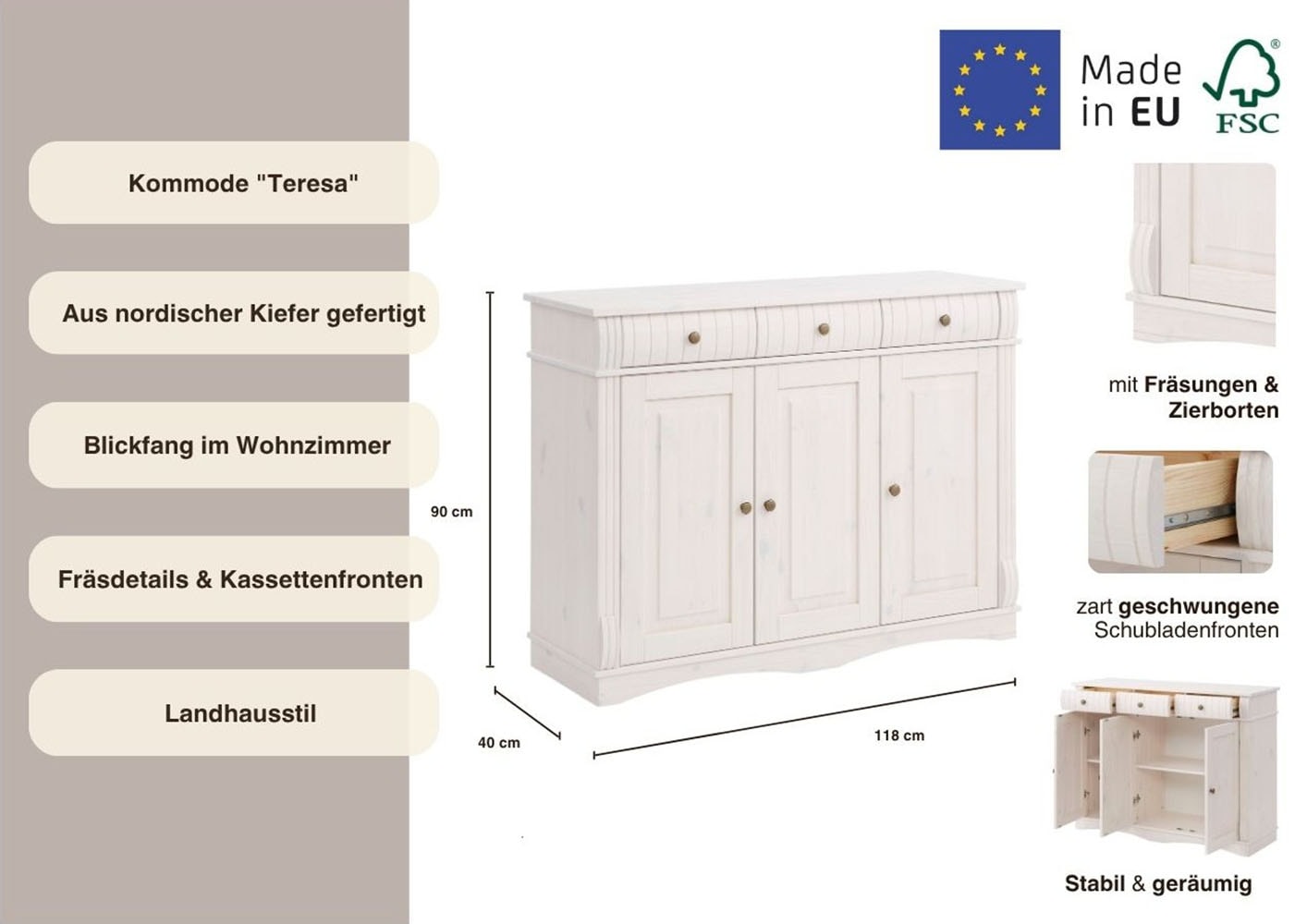 Home affaire Sideboard »Teresa«, Kommode, 3-türig, Breite 119 cm, aus massiver Kiefer, FSC®