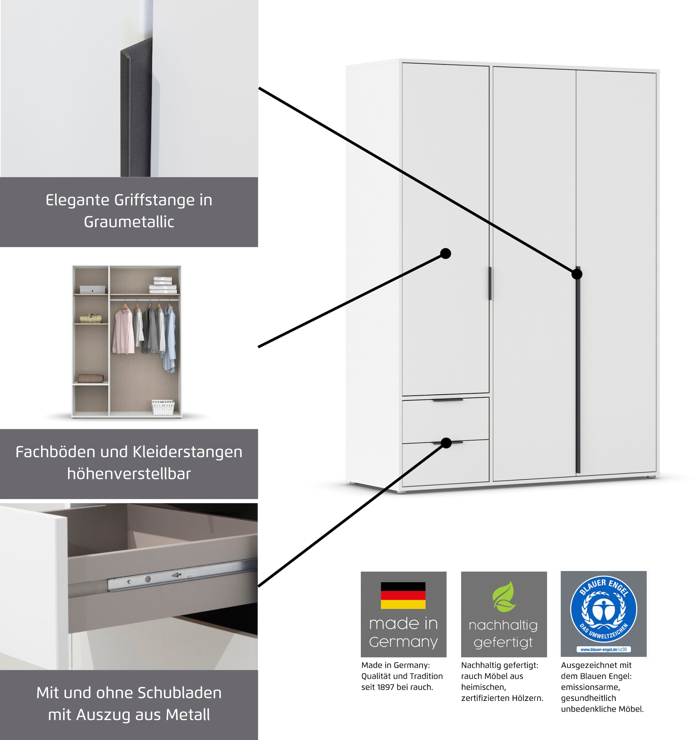 rauch Drehtürenschrank »Kleiderschrank Schrank Garderobe Wäscheschrank NAGATA mit Spiegel«, (in 3 verschiedenen Ausstattungen BASIC/CLASSIC/PREMIUM), und modernen Stangengriffen in Graumetallic TOPSELLER MADE IN GERMANY